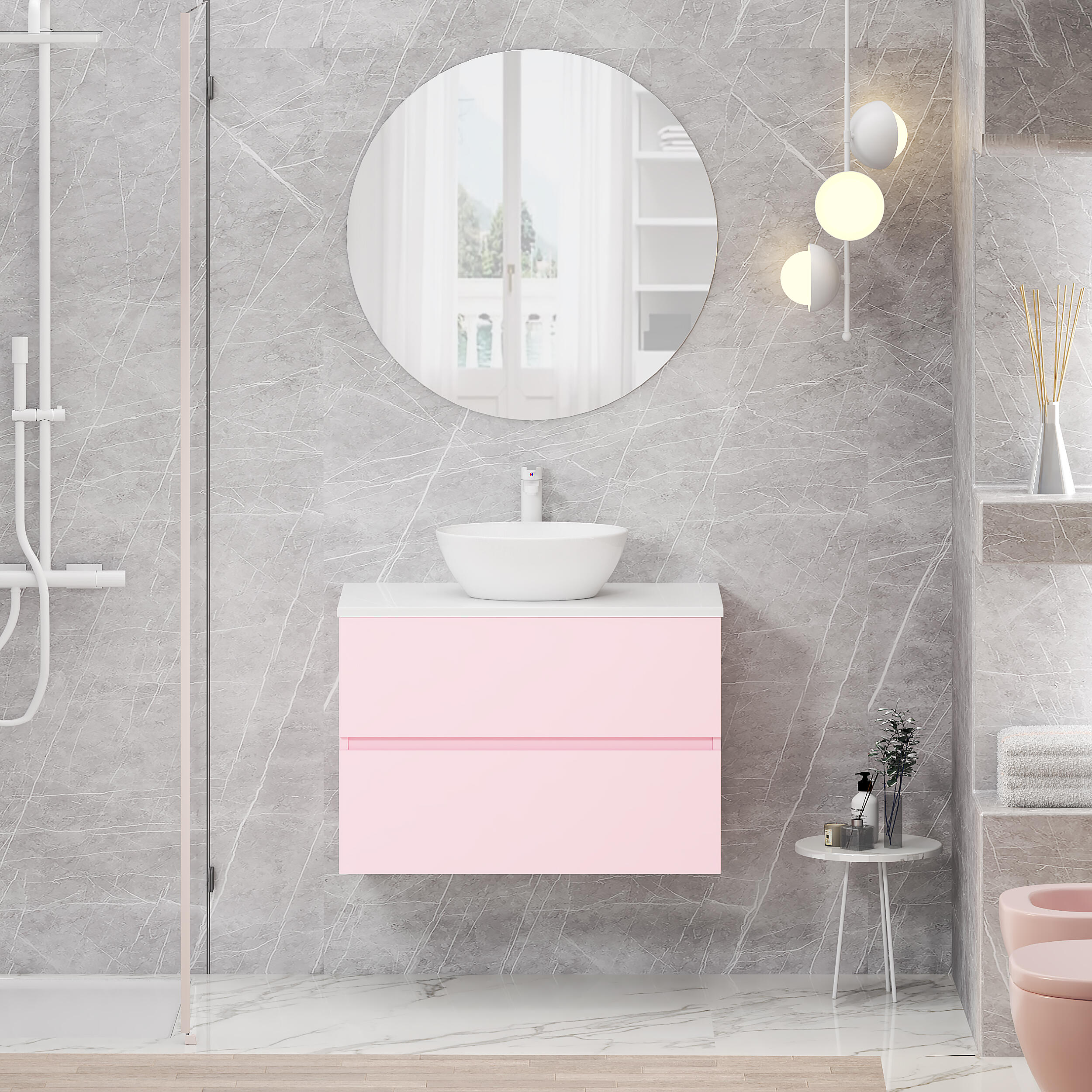 Mueble de baño con lavabo y espejo bari rosa mate 80x46 cm