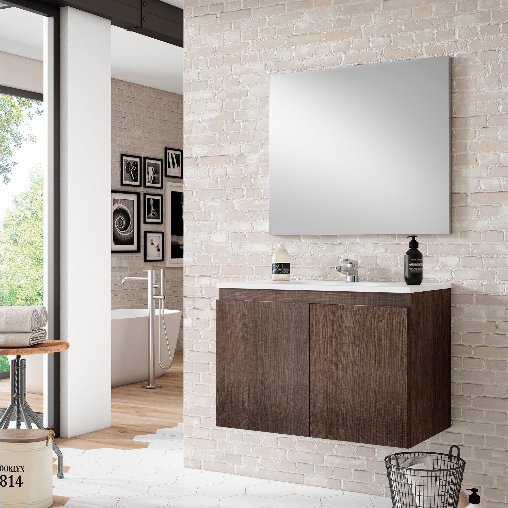 Mueble de baño con lavabo y espejo prima 80 cm fresno