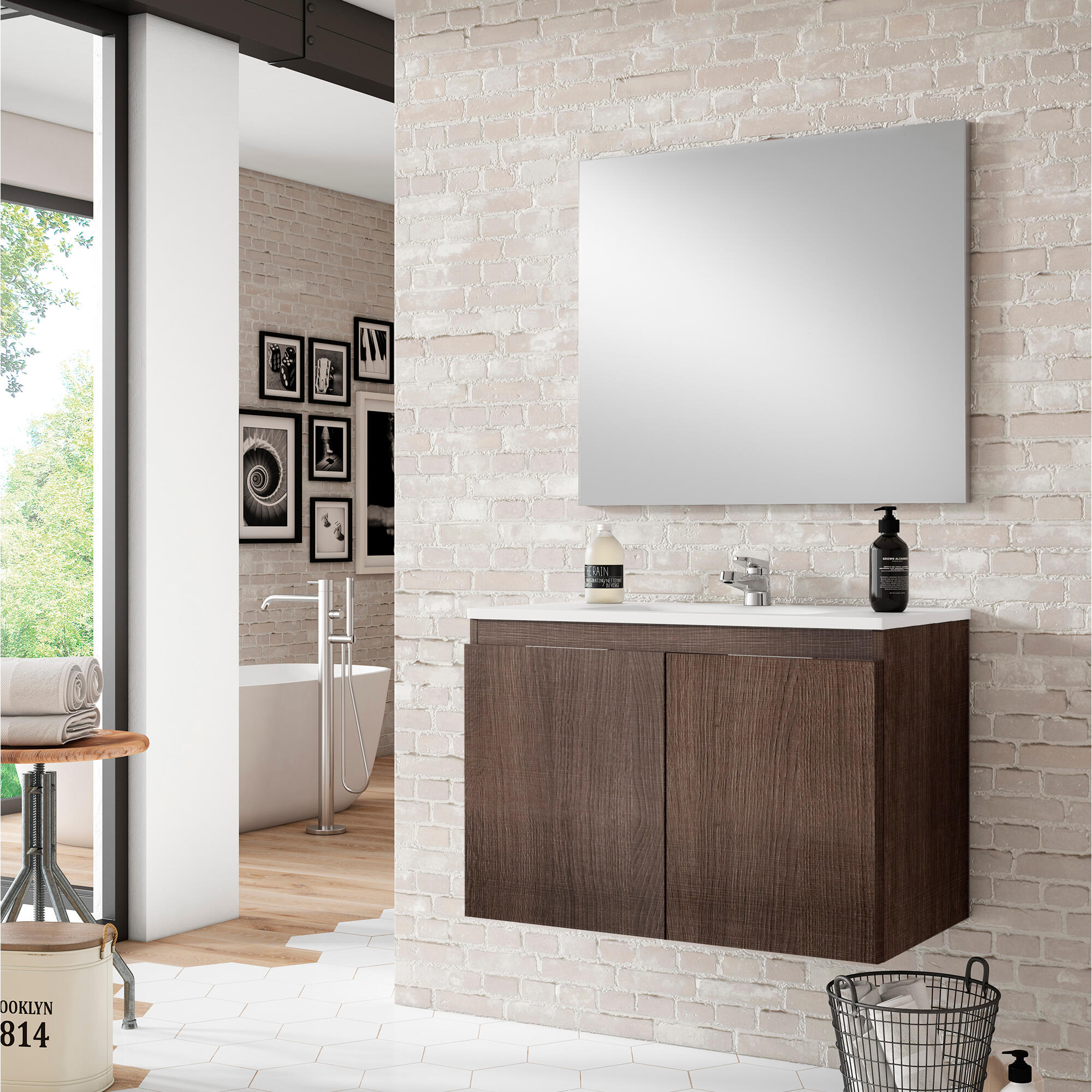 Mueble de baño con lavabo y espejo prima 80 cm fresno
