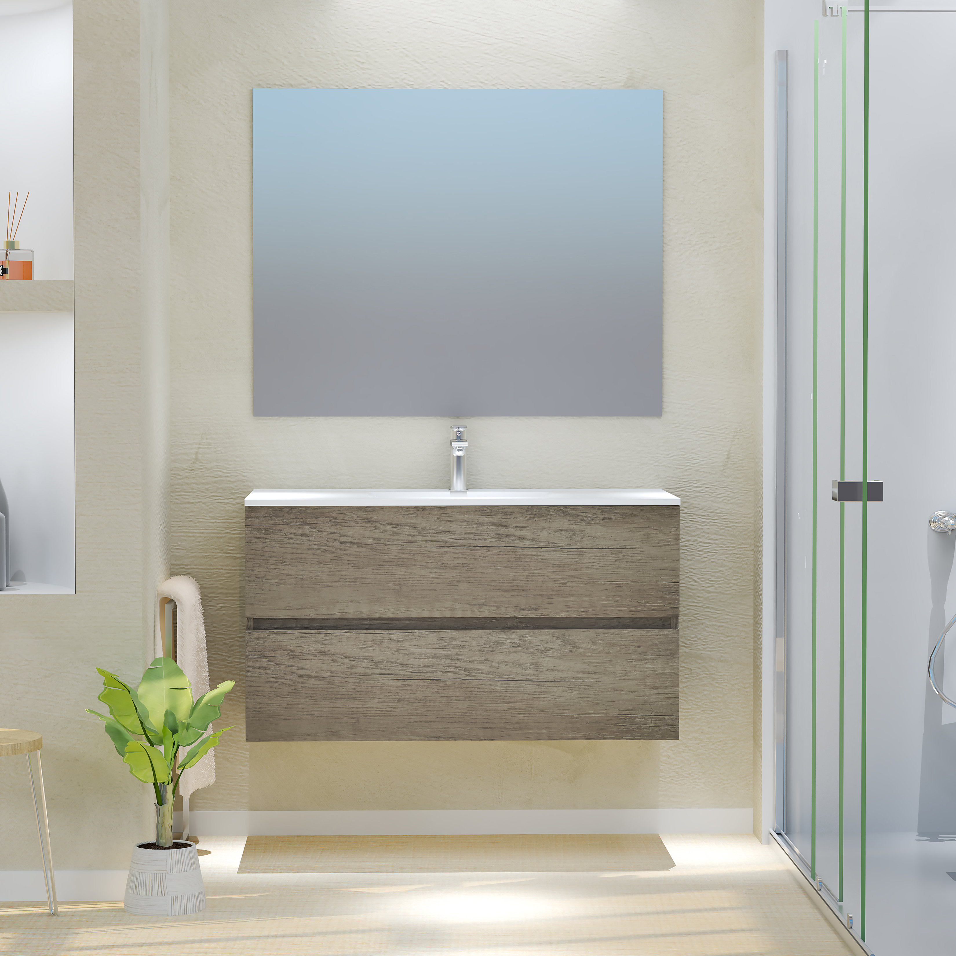 Mueble de baño con lavabo y espejo taylor castaño mate 100x54 cm