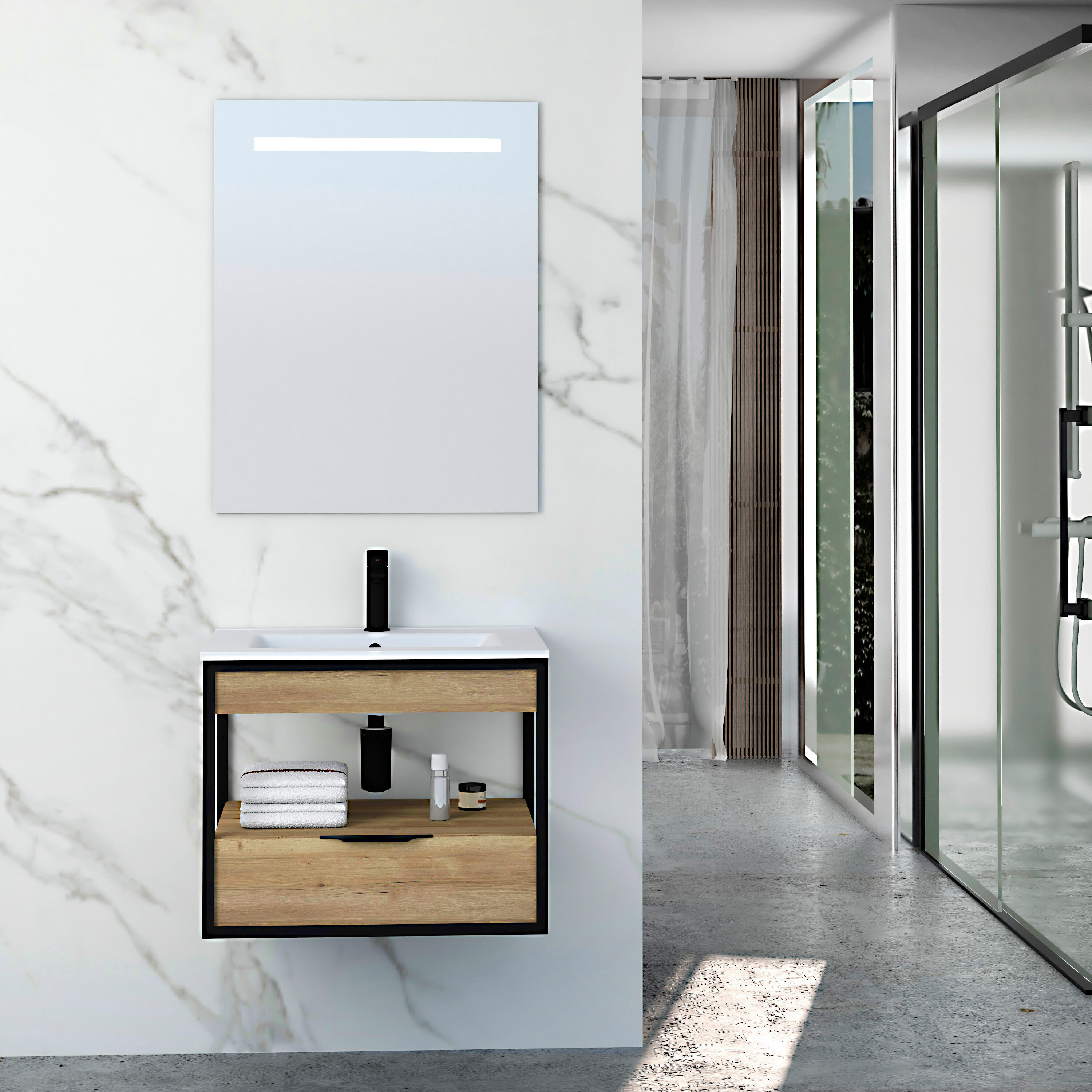 Mueble de baño con lavabo y espejo barock roble mate 60x45 cm