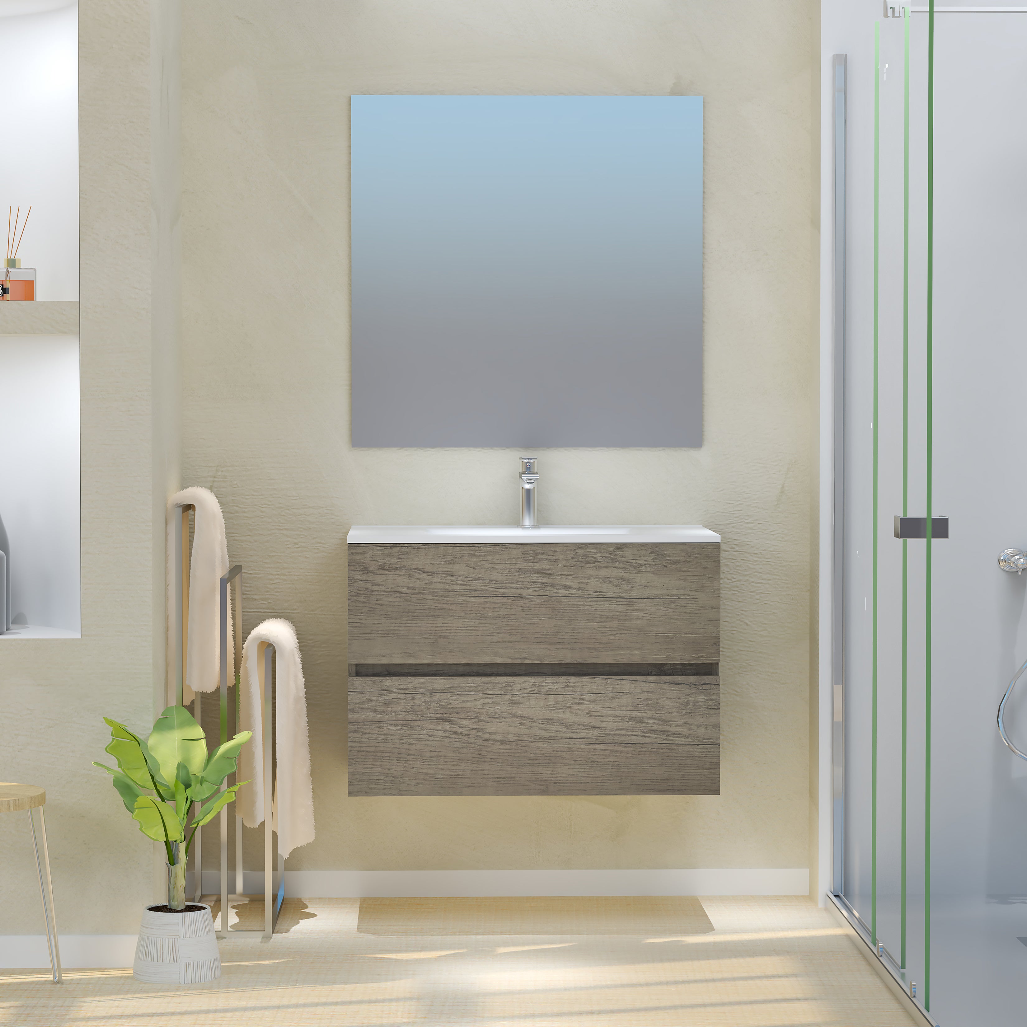 Mueble de baño con lavabo y espejo taylor castaño mate 80x54 cm