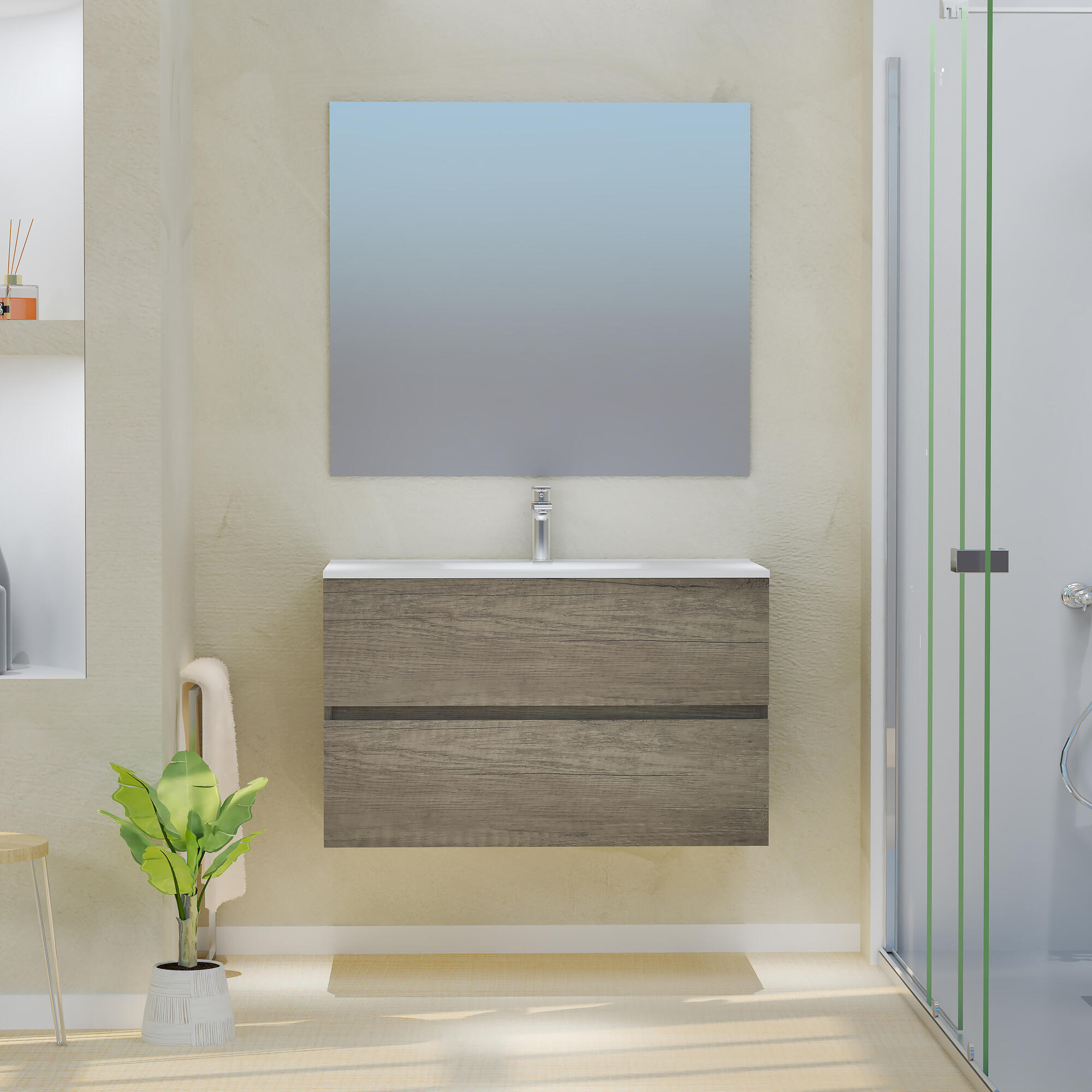 Mueble de baño con lavabo y espejo taylor castaño mate 90x54 cm