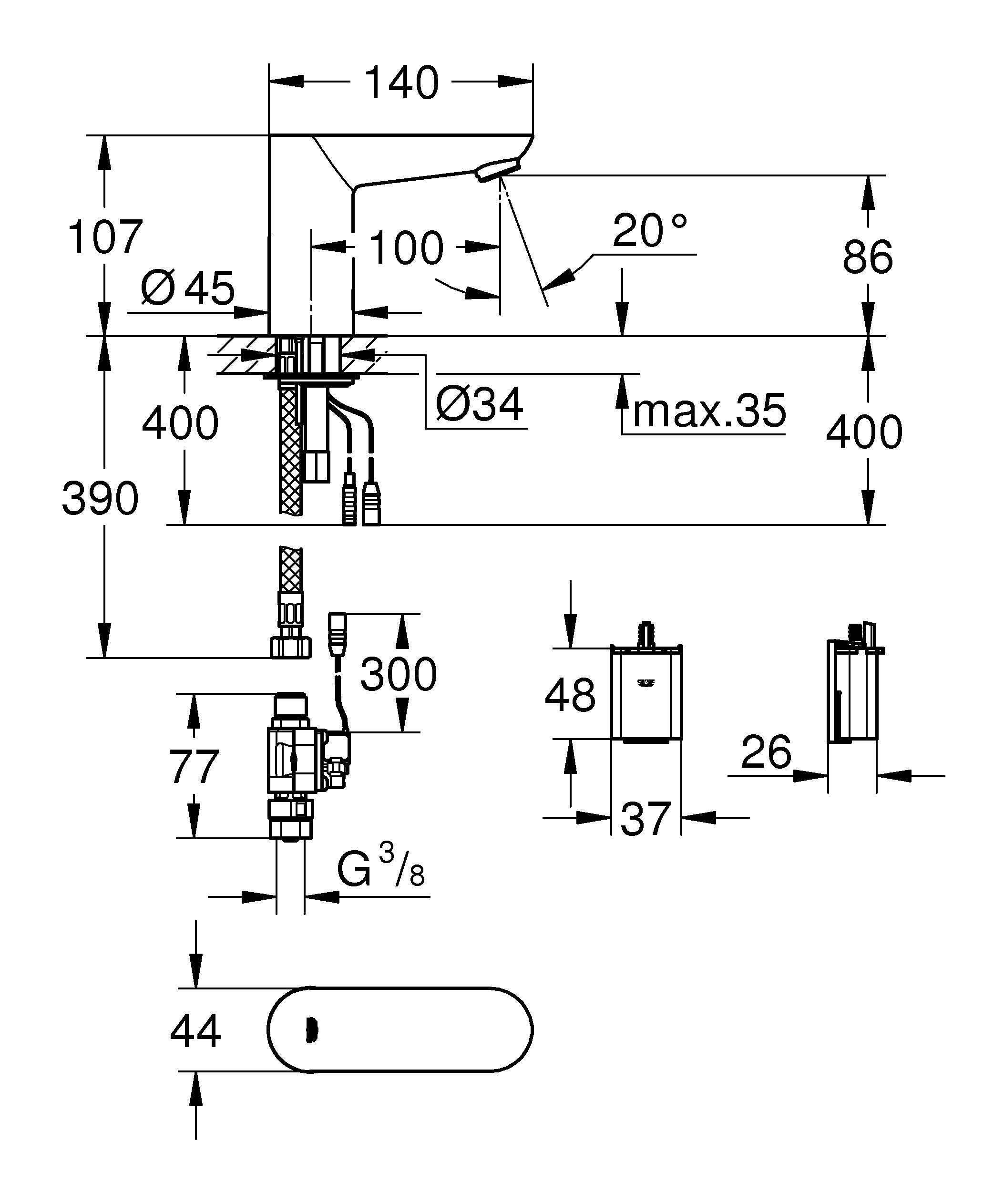 Rubinetto per lavabo a canna bassa getto laminare cristallino Eureco cromato lucido GROHE H 11 cm - 3