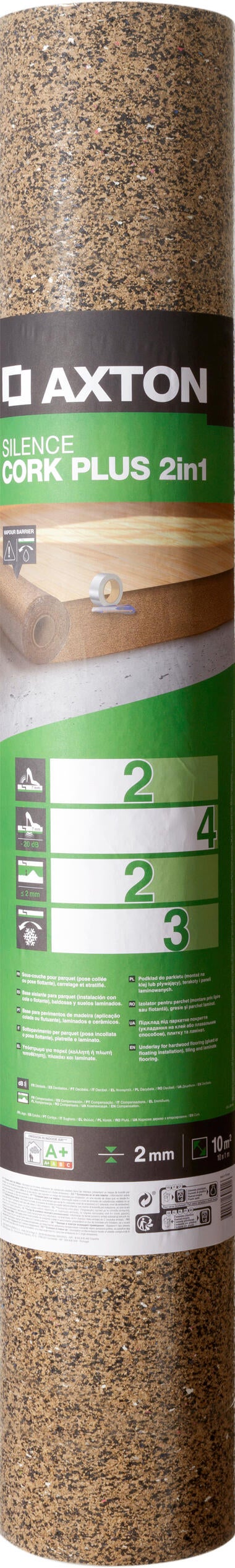 Base aislante suelo laminado axton silence corkplus 2mm capa antihumedad 10m²