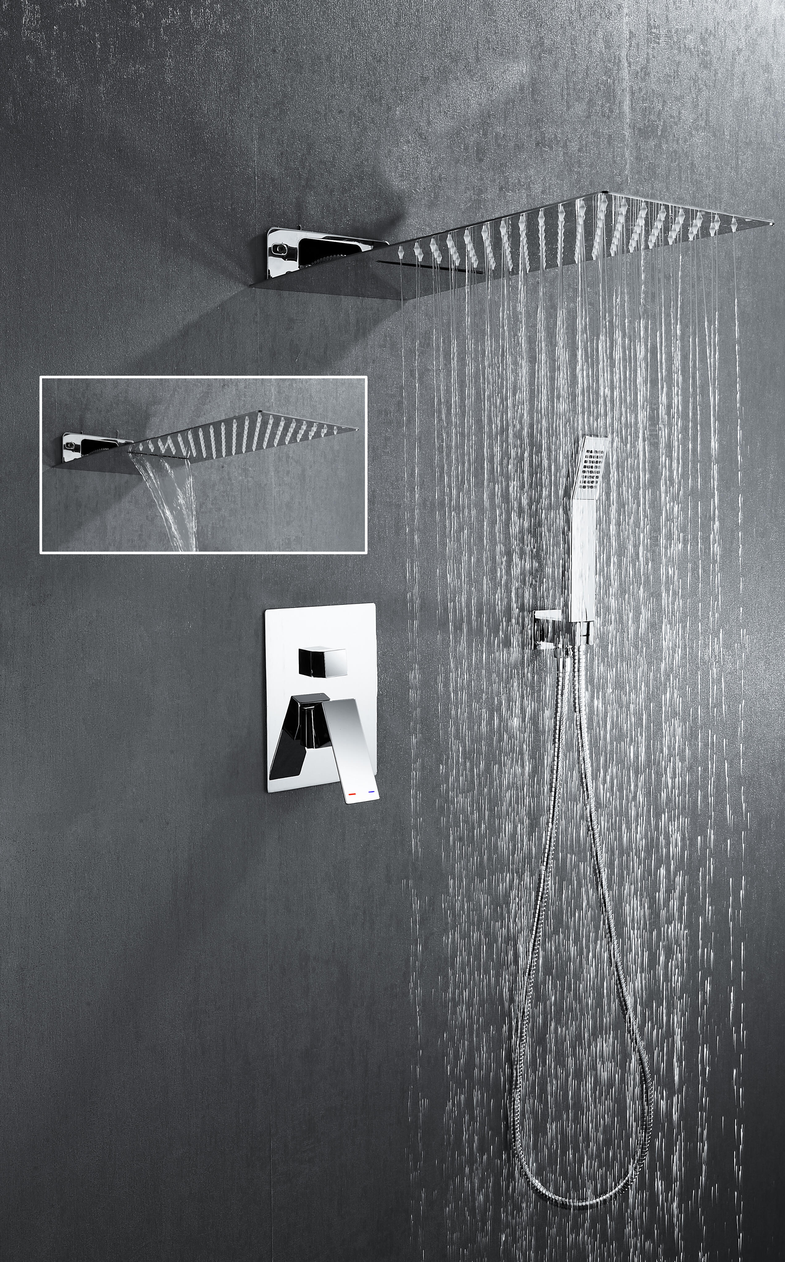 Ducha empotrada monomando EDOUARD ROUSSEAU cromo brillo rectangular. Rociador a pared 50x20 cm Antical 2 vías - 5