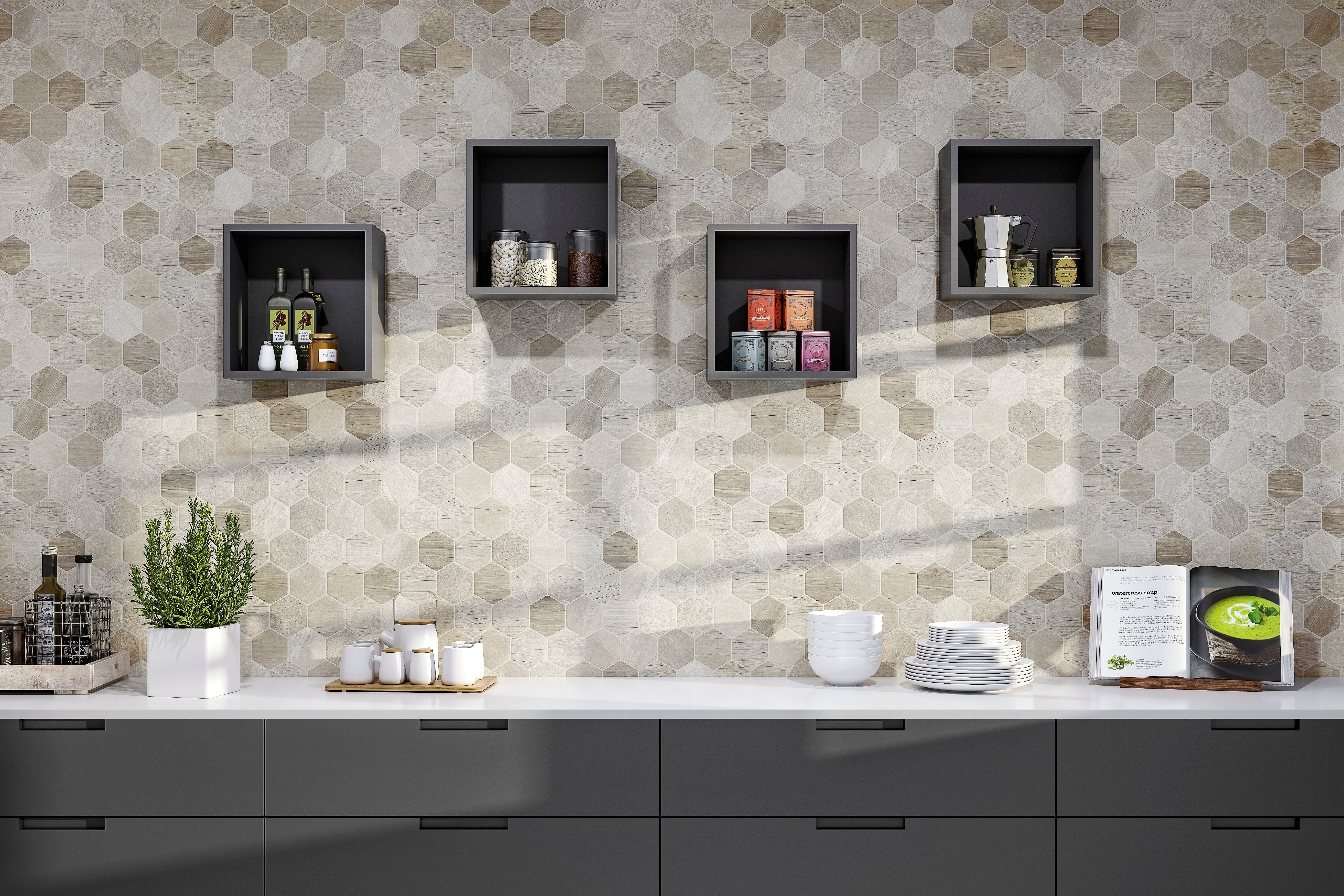 Suelo/azulejo porcelánico sequoia hex efecto madera blanco 26.5x51 cm