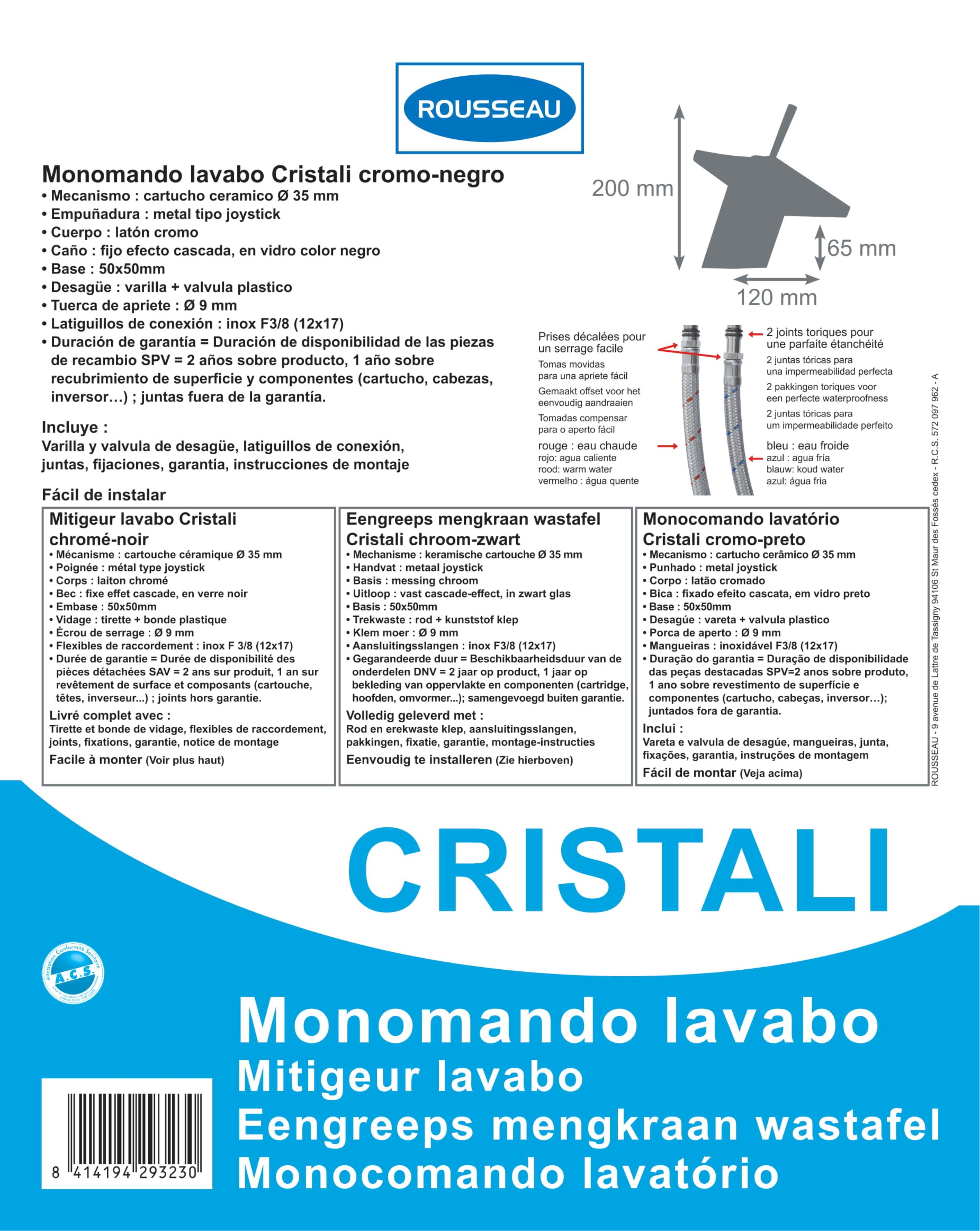 Grifo de lavabo EDOUARD ROUSSEAU Cristali monomando cromo negro brillo. Antical. Latón - 4