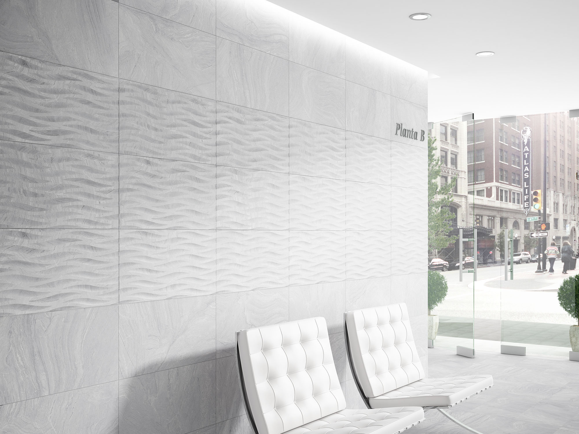 Azulejo porcelánico varana efecto piedra blanco decorado 45x90 cm