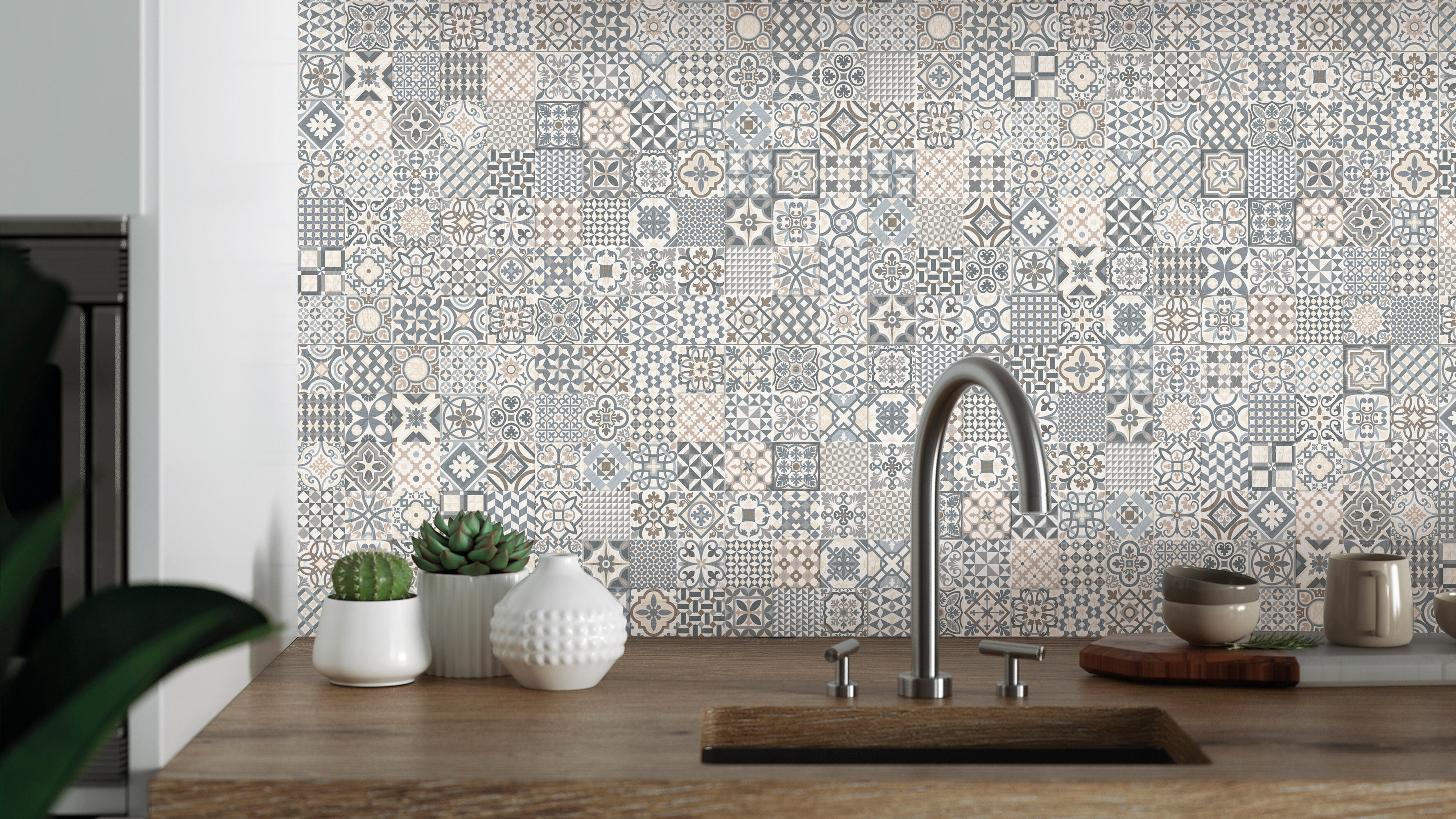 Azulejo porcelánico heritage efecto hidráulico decorado grey 32x62.5 cm