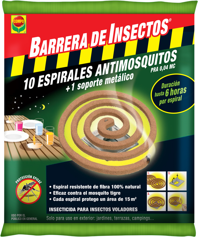 Espiral antimosquitos COMPO BARRERA uso en jardines, terrazas y campings 10x6gr