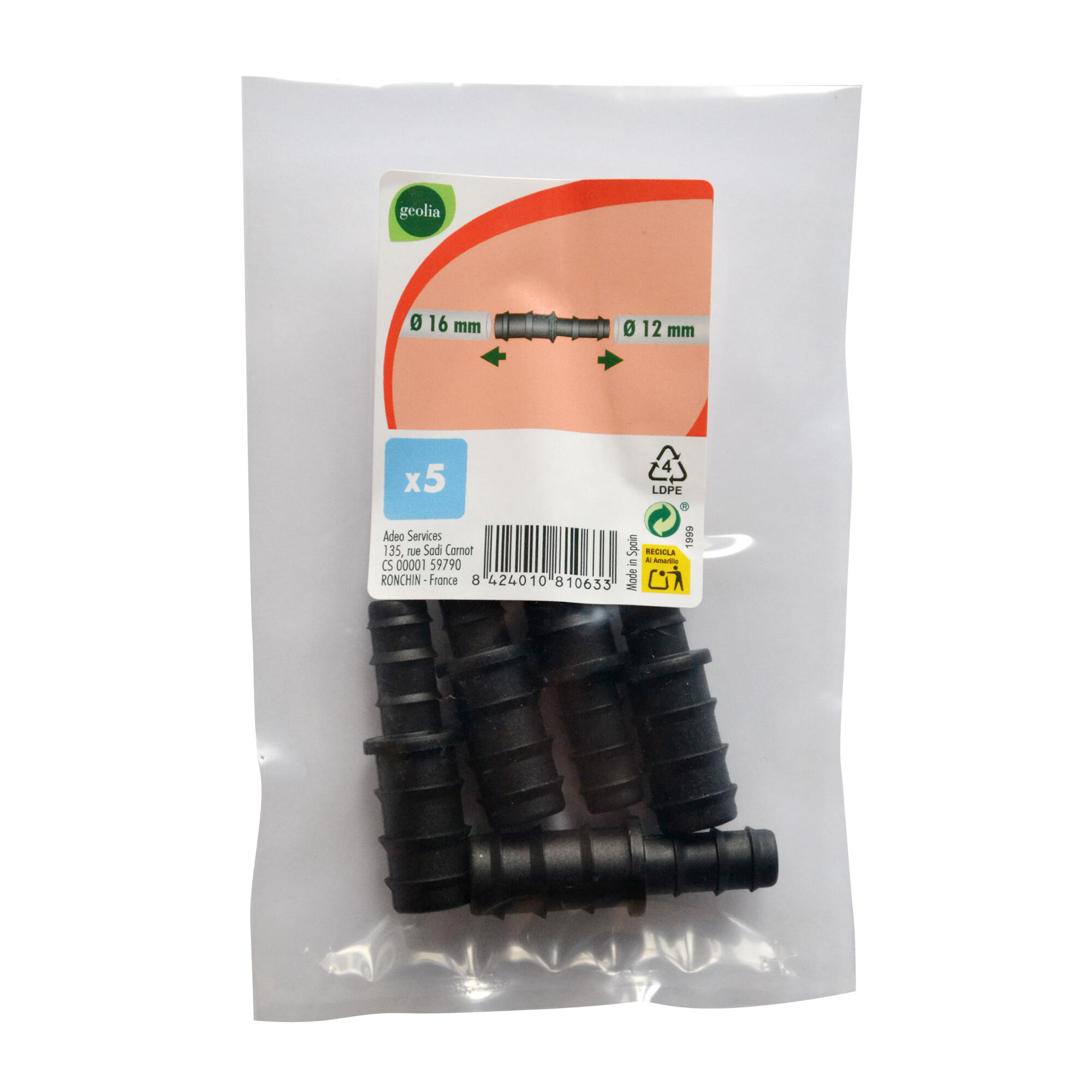 Pack 5 enlaces Reducido Ø 16 X 12 mm GEOLIA para riego por goteo - 5