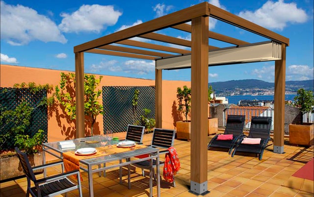 Pérgola de madera laminada con cubierta Velez 400 x 300 cm marrón