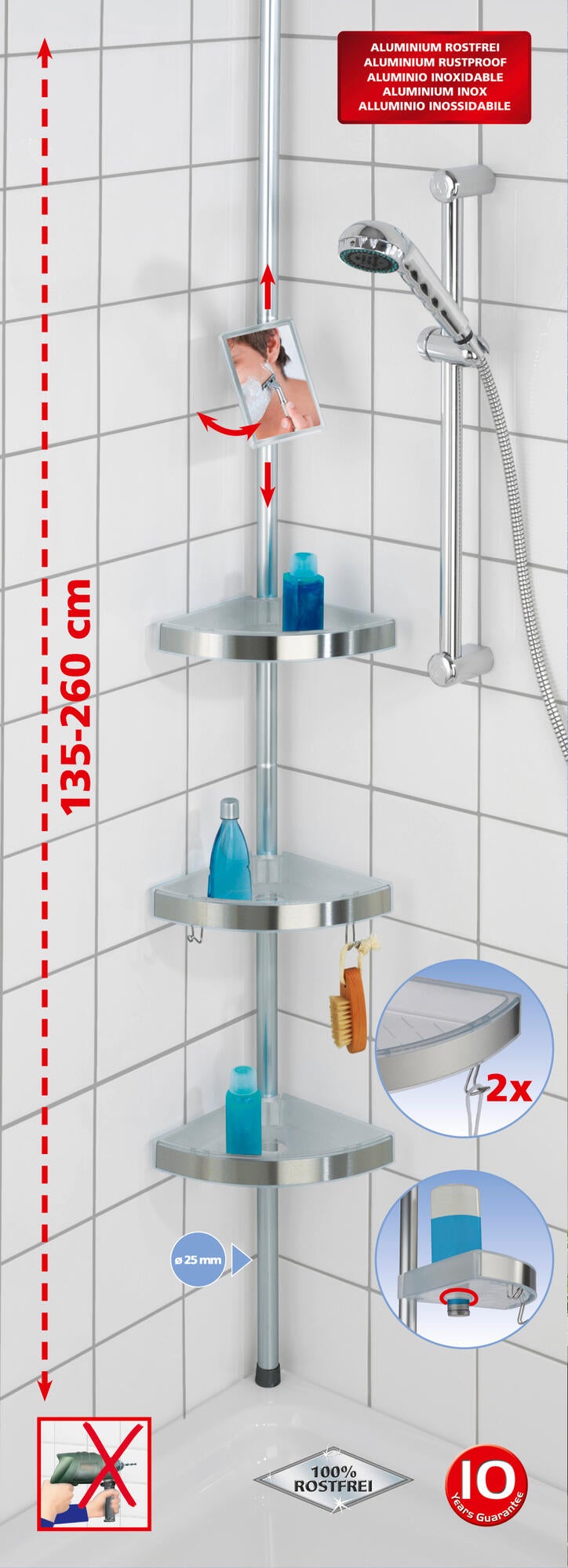 Cesto de duche canto extensivel com espelho cromado 135-260 cm Wenko - 3
