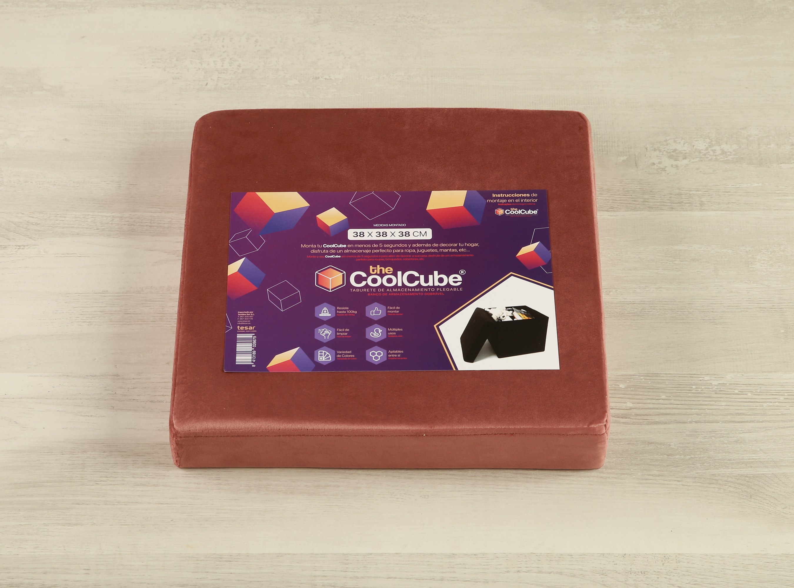 Puff decorativo poliéster cuadrado Terciopelo rosado 38x38x38cm - 12