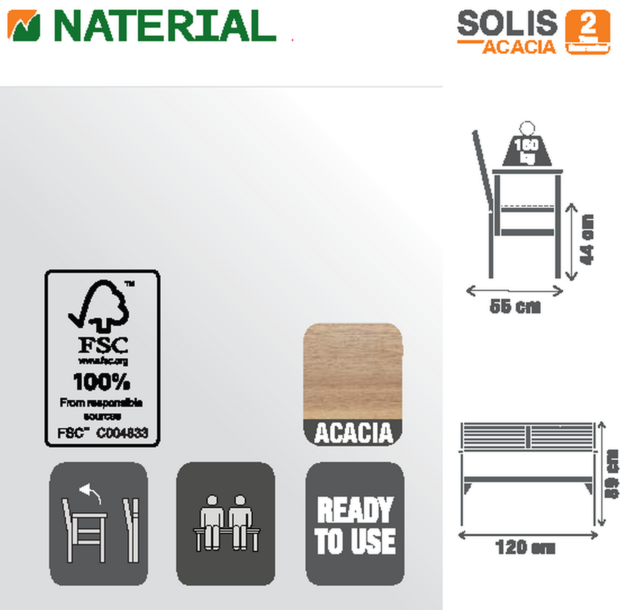 Banco de madeira NATERIAL SOLIS 120X55CM - 10