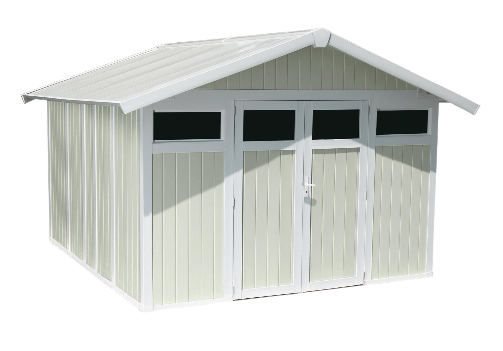 Caseta de resina utility de 370x250x407 cm y 11.2 m2 con 26 mm espesor y doble puerta abatible grosfillex