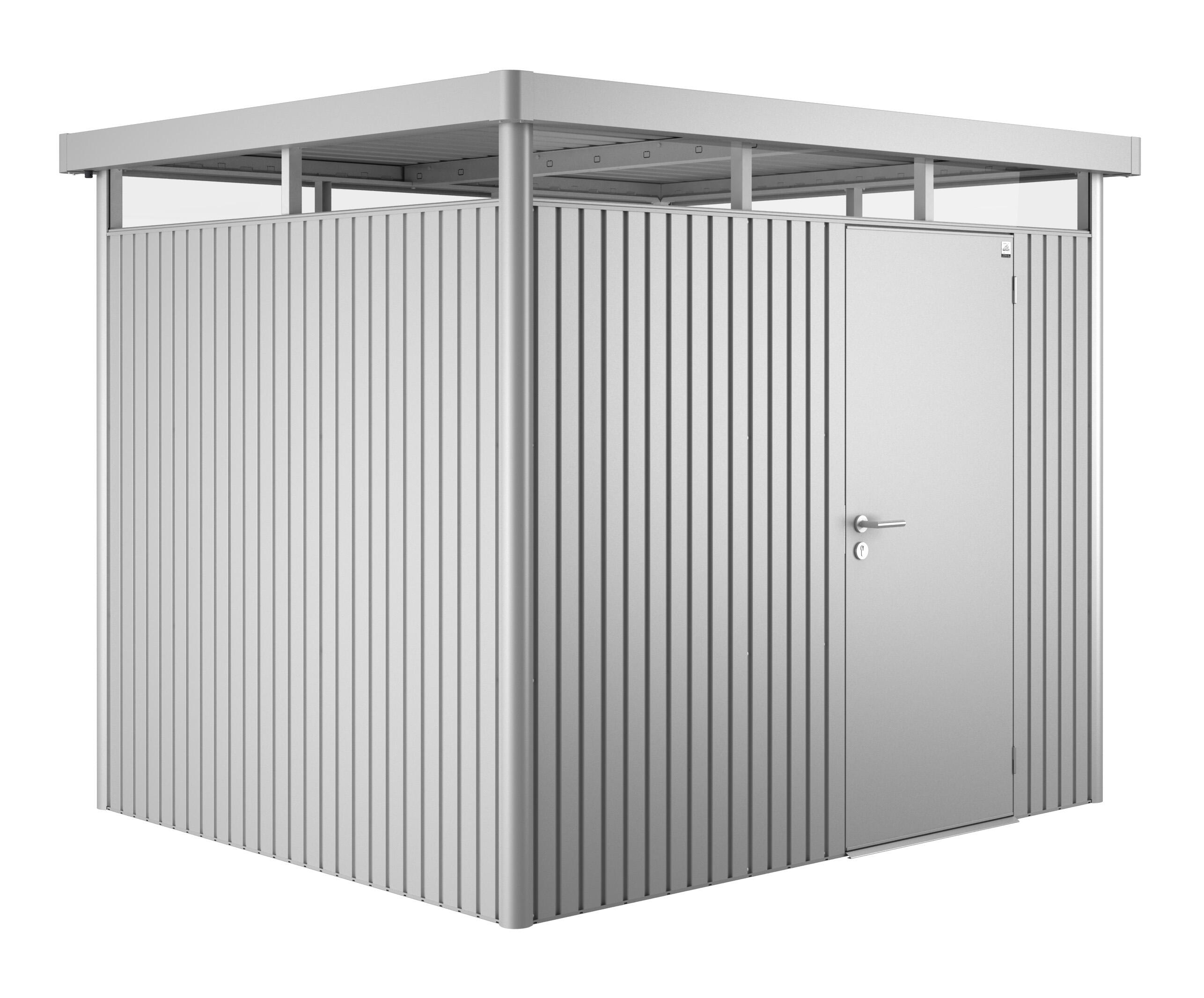 Caseta de metal highline h3 de 275x222x235 cm y 6.46 m2 con 0,5 mm espesor y puerta abatible biohort