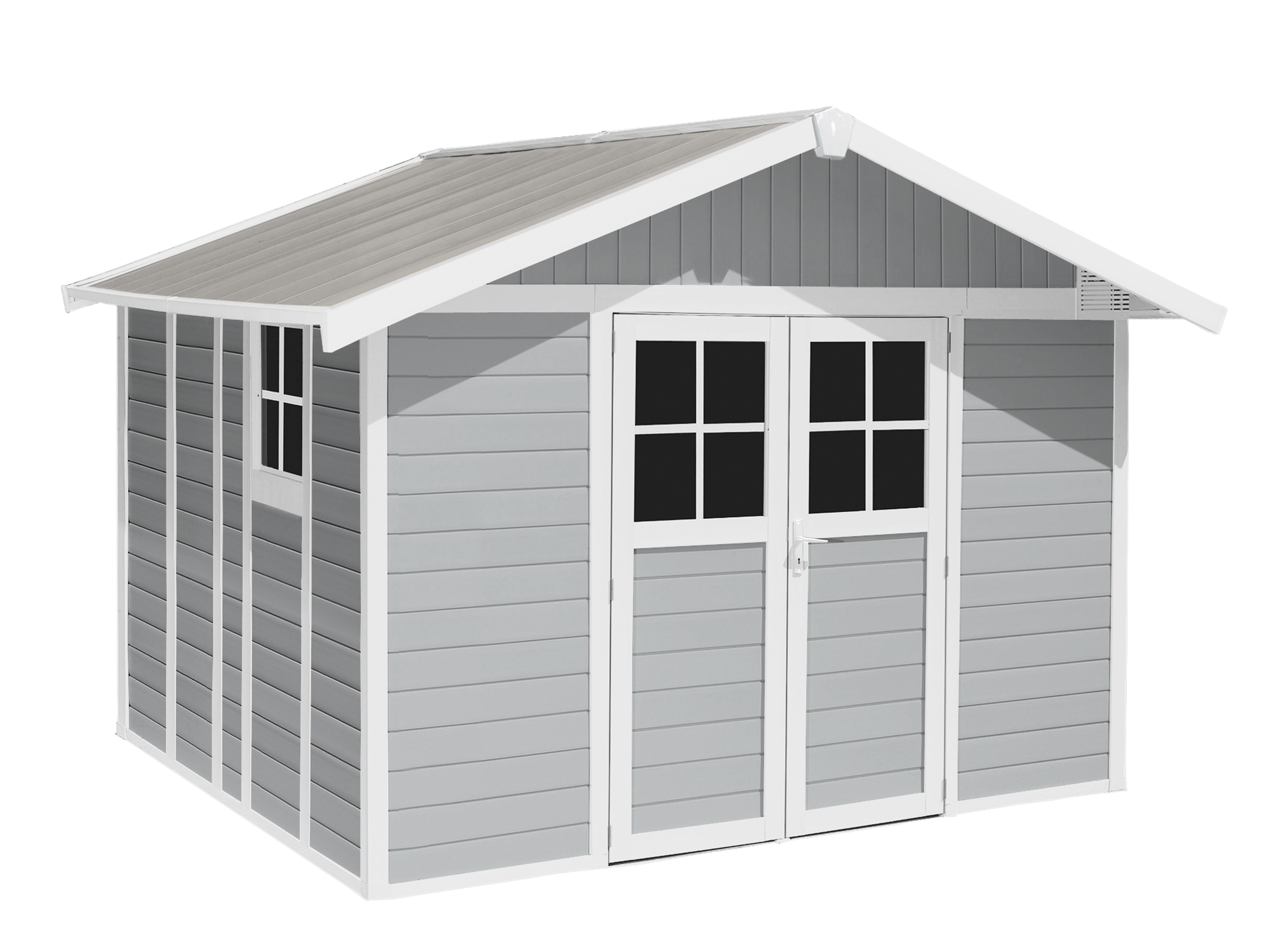 Caseta de resina deco de 370x250x407 cm y 11.21 m2 con 26 mm espesor y doble puerta abatible grosfillex