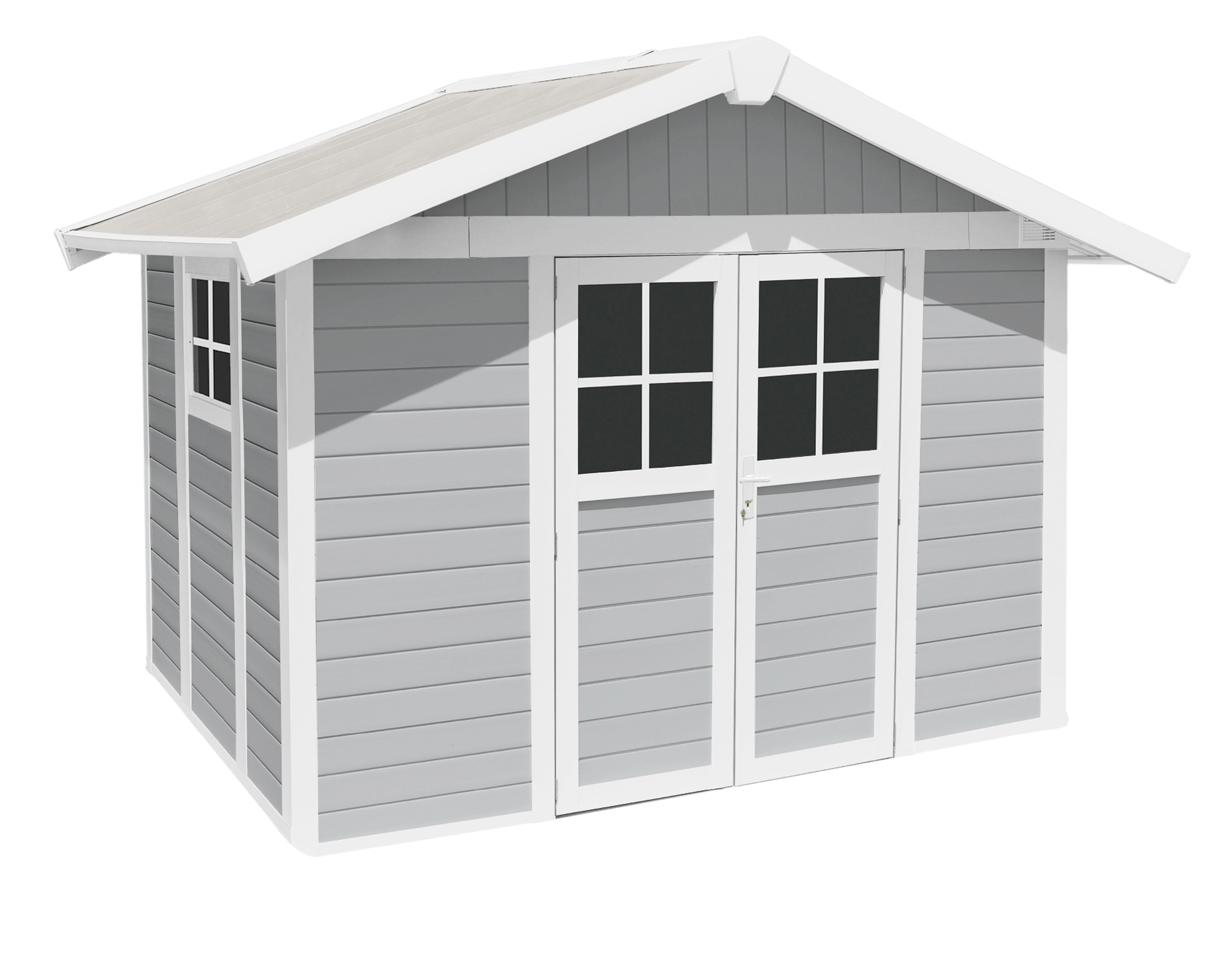 Caseta de resina deco de 370x250x307 cm y 7.53 m2 con 26 mm espesor y doble puerta abatible grosfillex