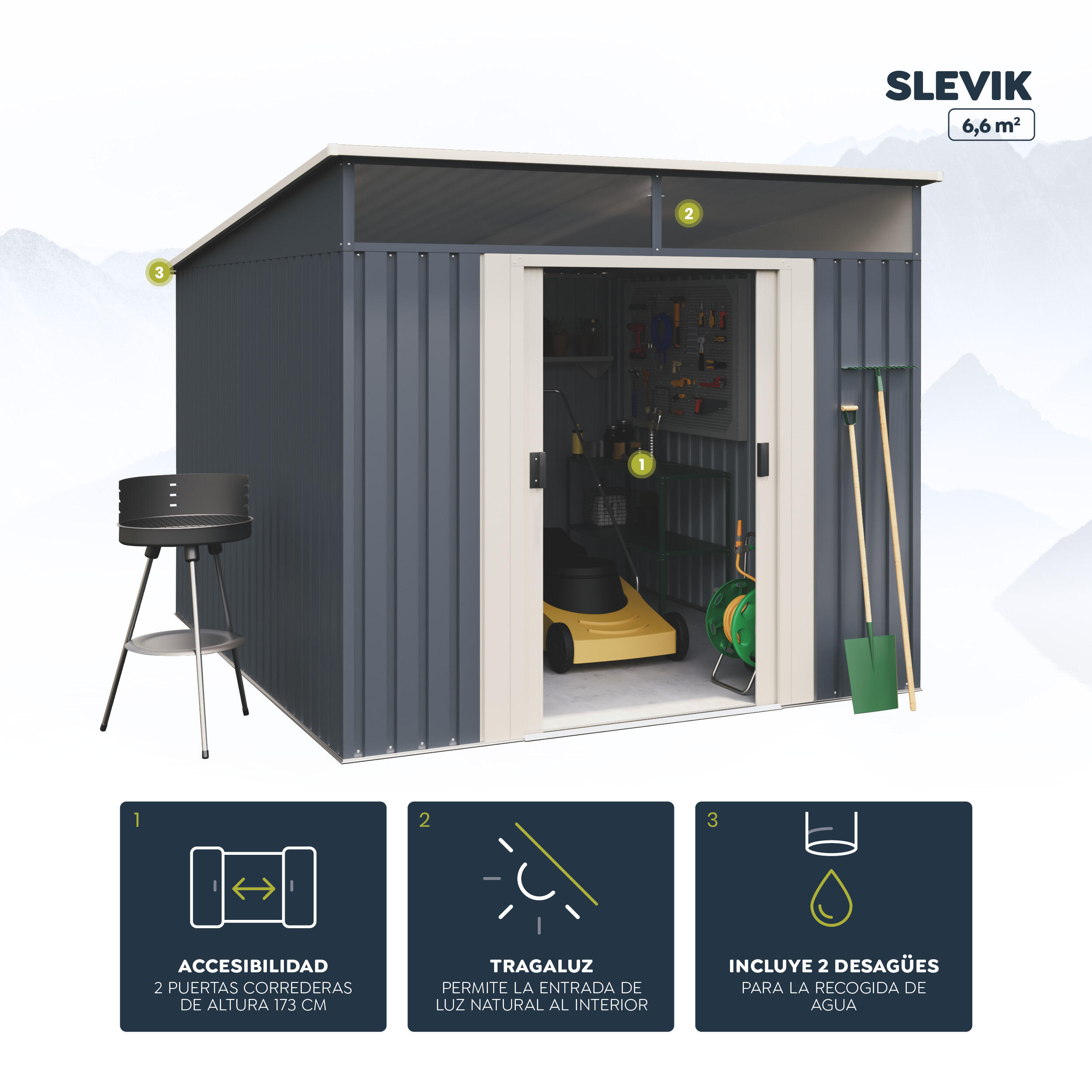 Caseta de acero Slevik II de 238x203x279 cm y 6.6 m2 con 0.25 mm espesor y doble puerta corredera HOGGAR - 12
