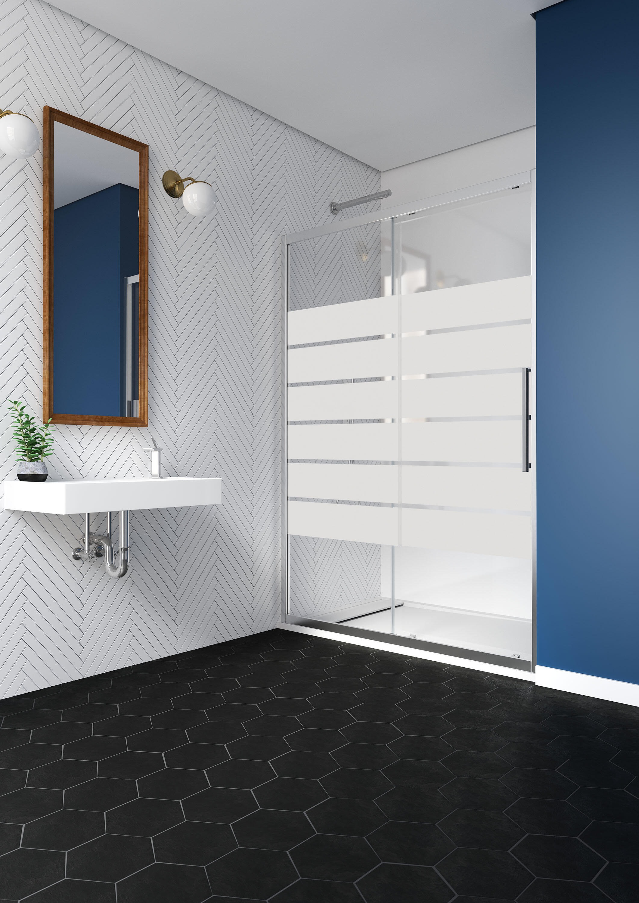 Mampara de ducha frontal 1 fijo + 1 puerta corredera serigrafiada cool life perfil aluminio cromo (120-124)x200 cm cristal 6mm cierre de sobreponer con guía inferior marca vanguard