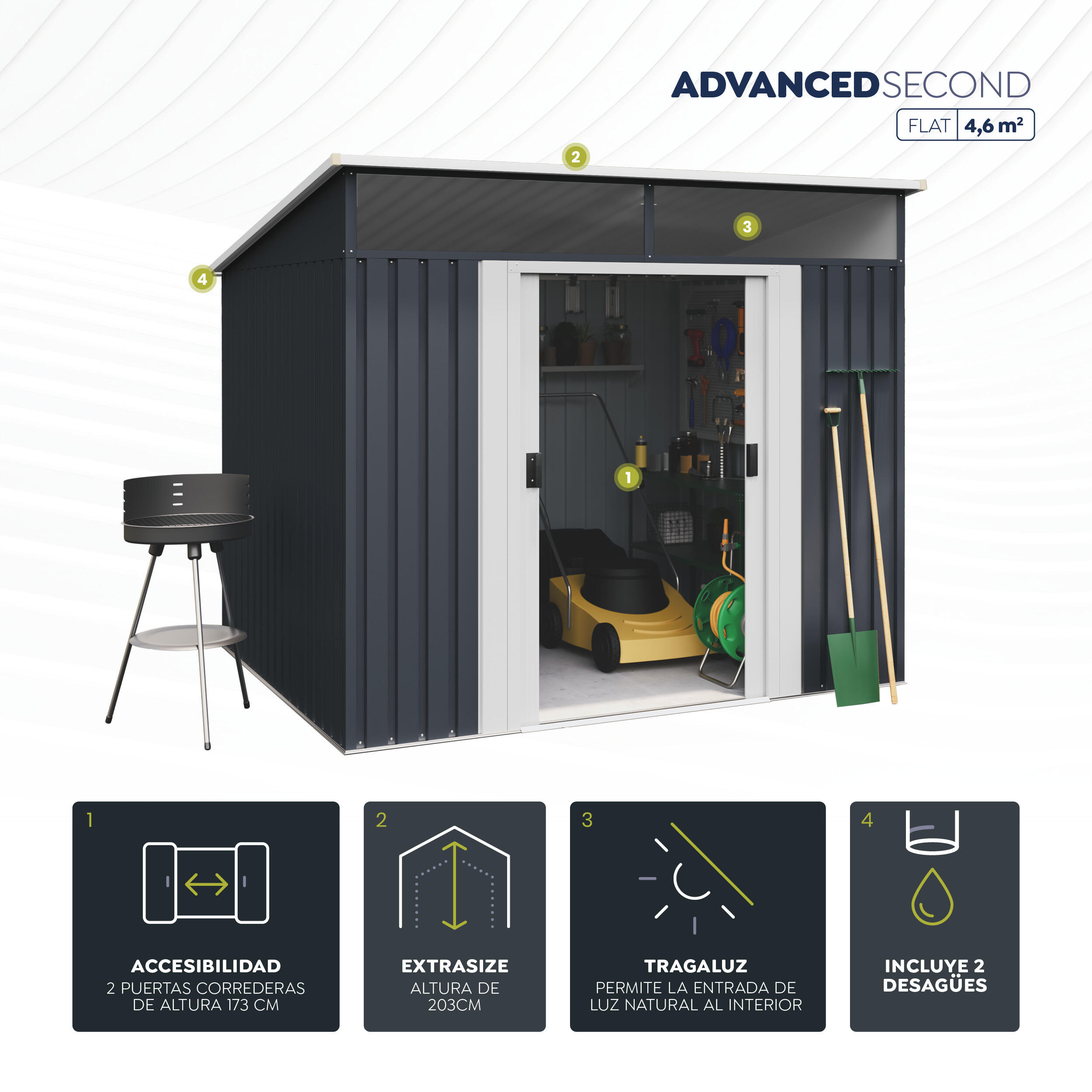 Caseta de metal Advanced Second de 215x190x190 cm y 4.1 m2 con 0.25 mm espesor y doble puerta corredera HOGGAR - 6