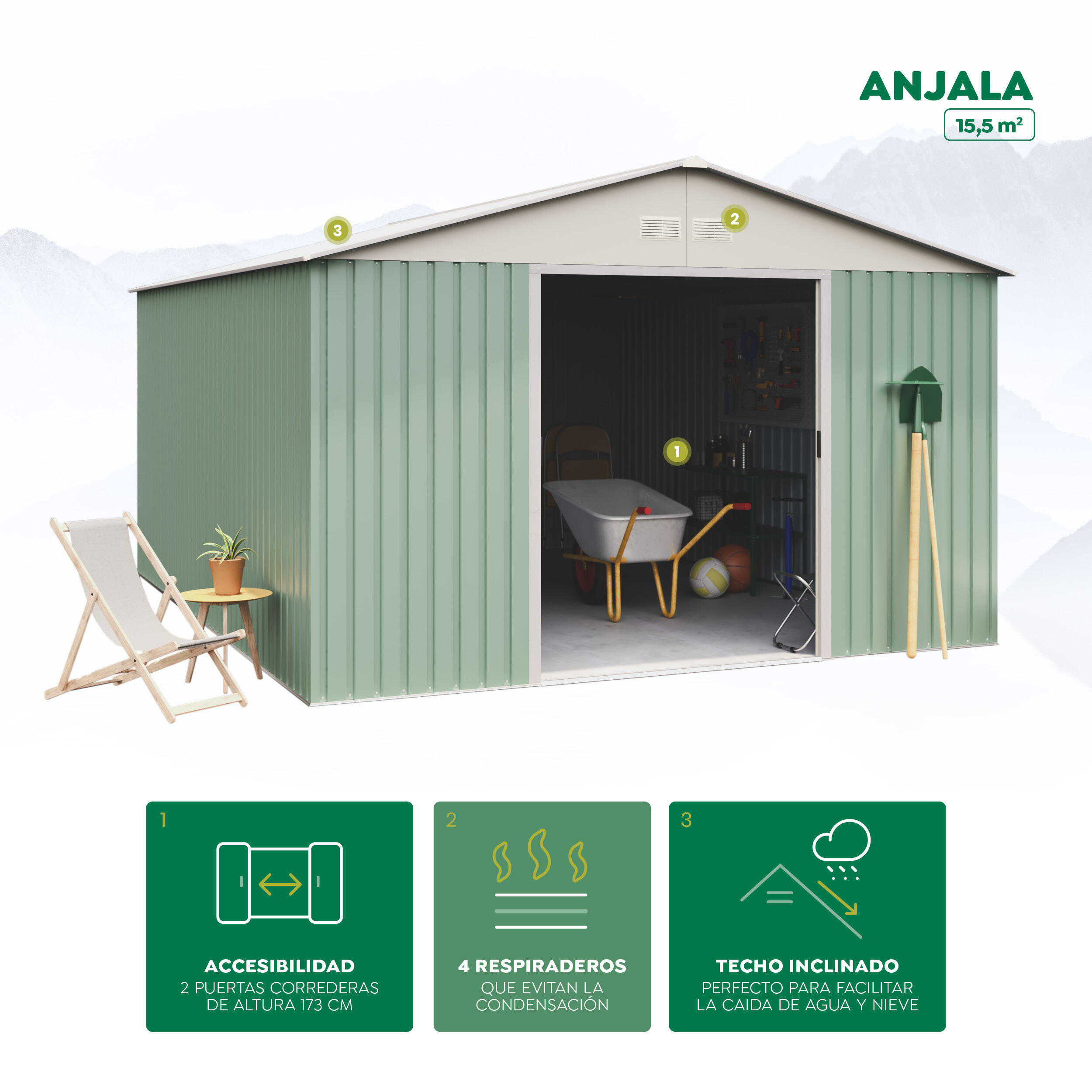 Caseta de metal Anjala de 343x223x452 cm y 15.5 m2 con 0.25 mm espesor y doble puerta corredera HOGGAR - 10