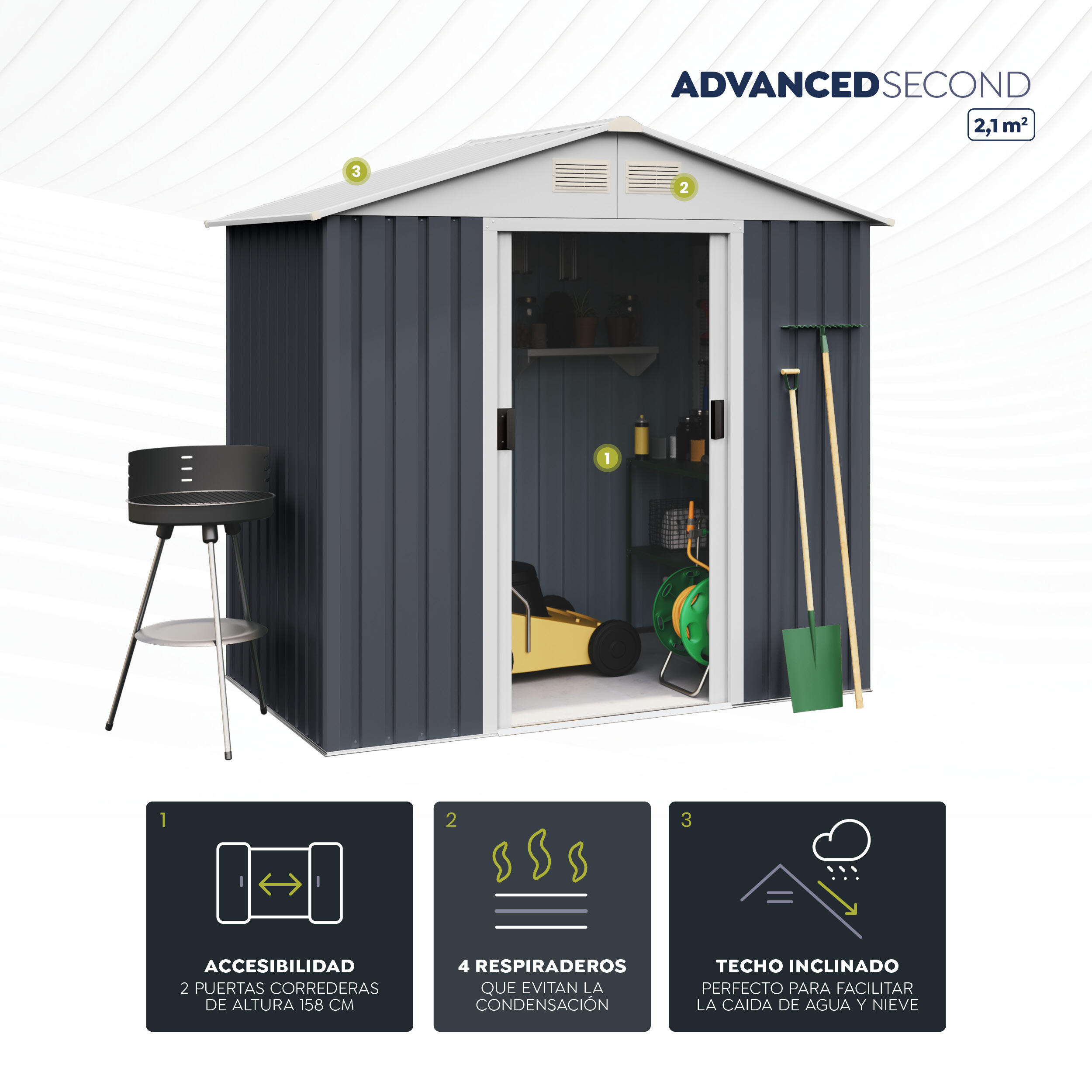 Caseta de metal Advanced Second de 194x188x110 cm y 2.1 m2 con 0.25 mm espesor y doble puerta corredera HOGGAR - 4