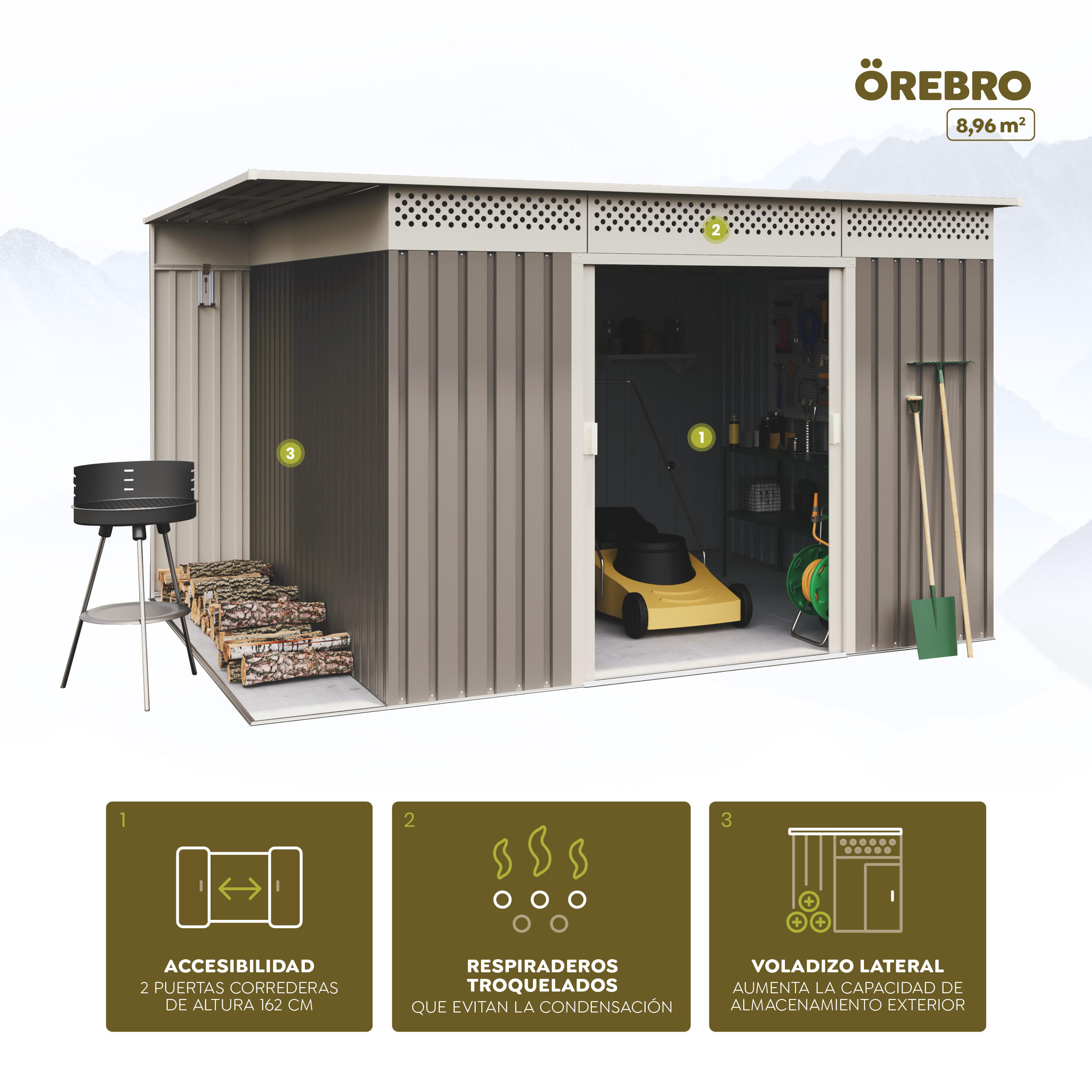 Caseta de metal OREBRO de 333x189x269 cm y 8.96 m2 con 0.25 mm espesor y doble puerta corredera HOGGAR - 10