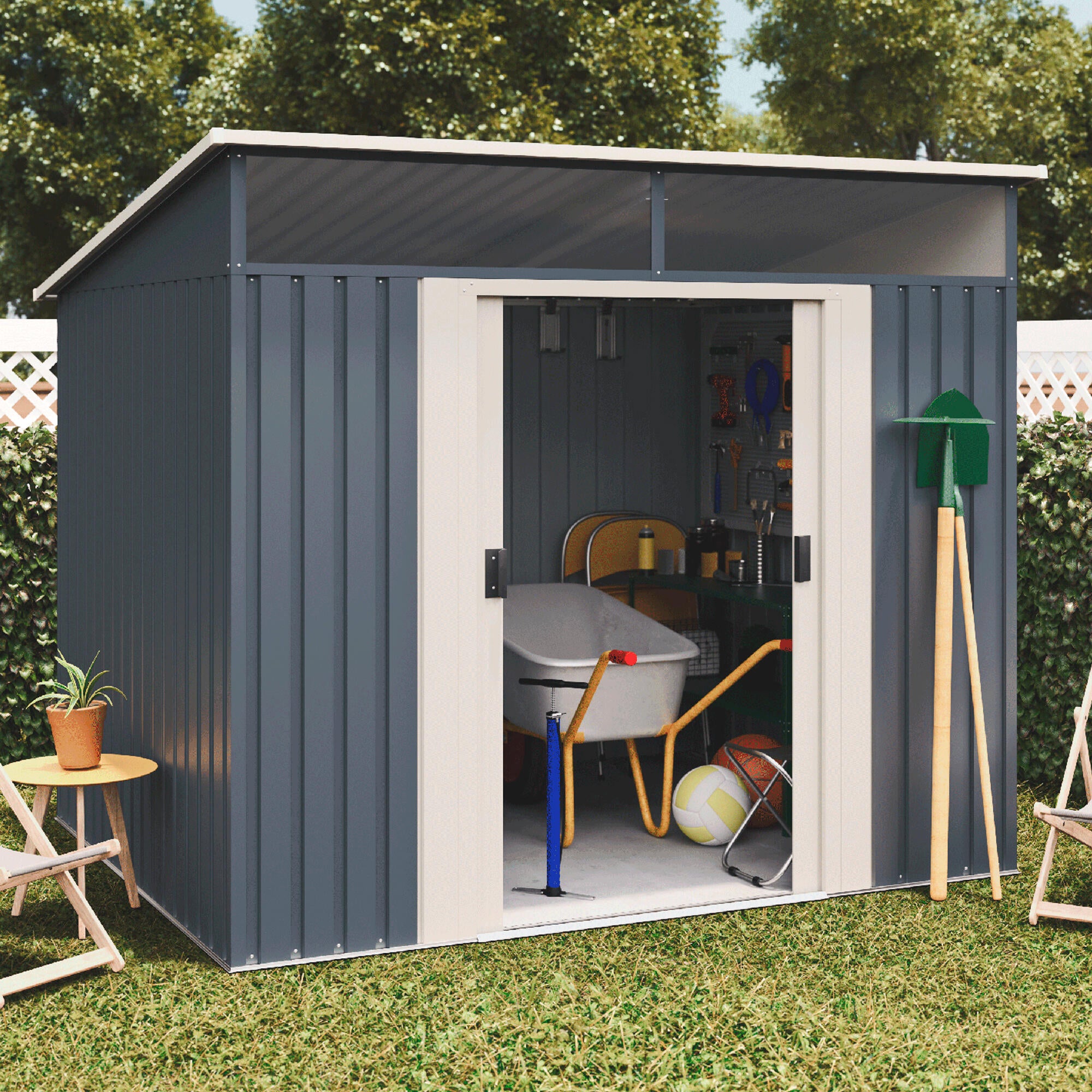 Caseta de acero Malmo II de 239x203x236 cm y 5.6 m2 con 0.25 mm espesor y doble puerta corredera HOGGAR - 9