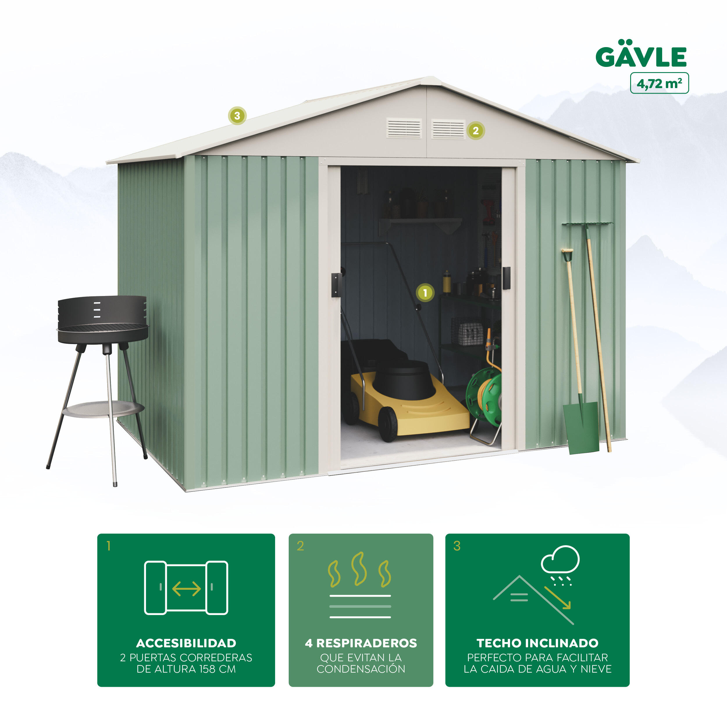 Caseta de metal Gavle de 261x198x181 cm y 4.72 m2 con 0.25 mm espesor y doble puerta corredera HOGGAR - 3