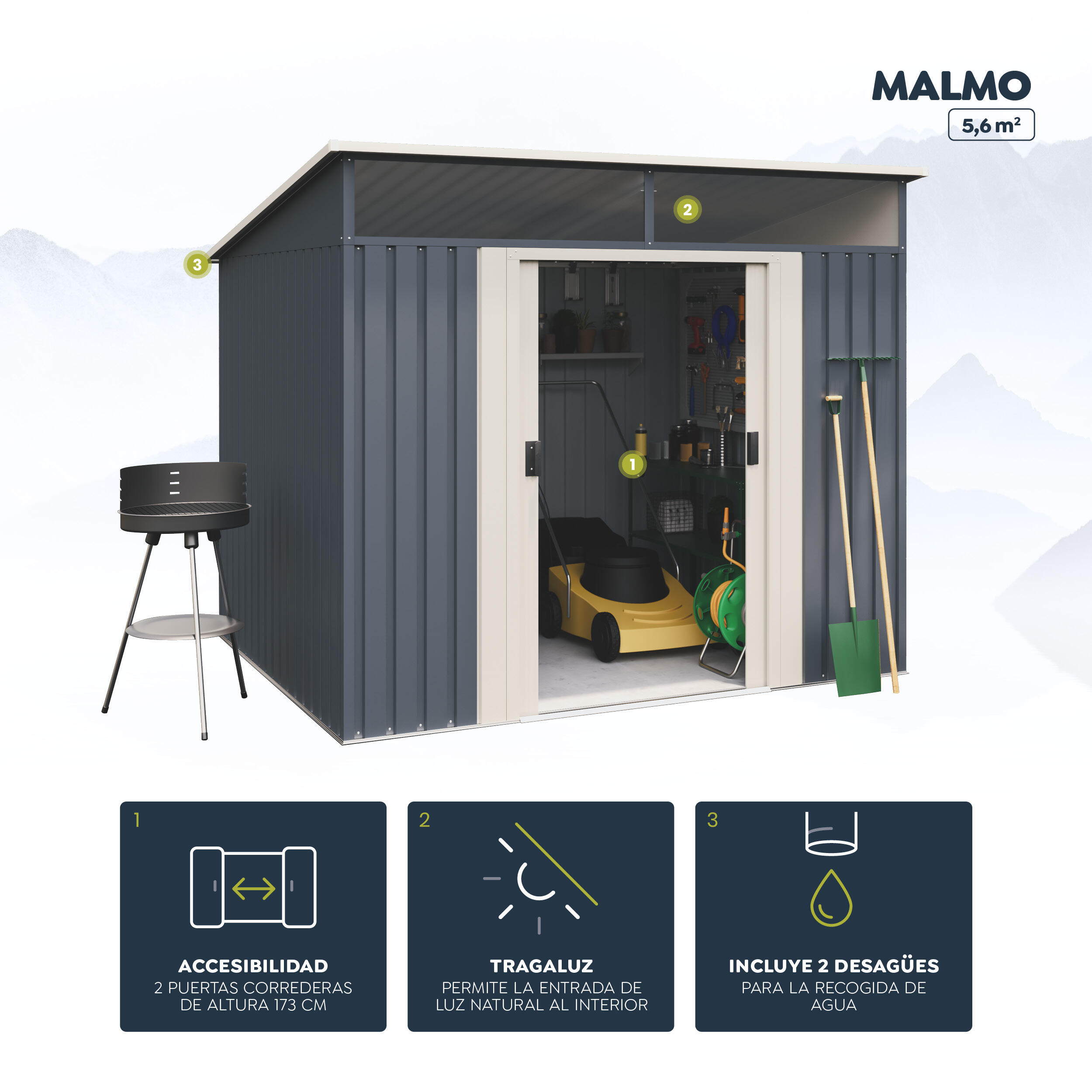 Caseta de acero Malmo II de 239x203x236 cm y 5.6 m2 con 0.25 mm espesor y doble puerta corredera HOGGAR - 11