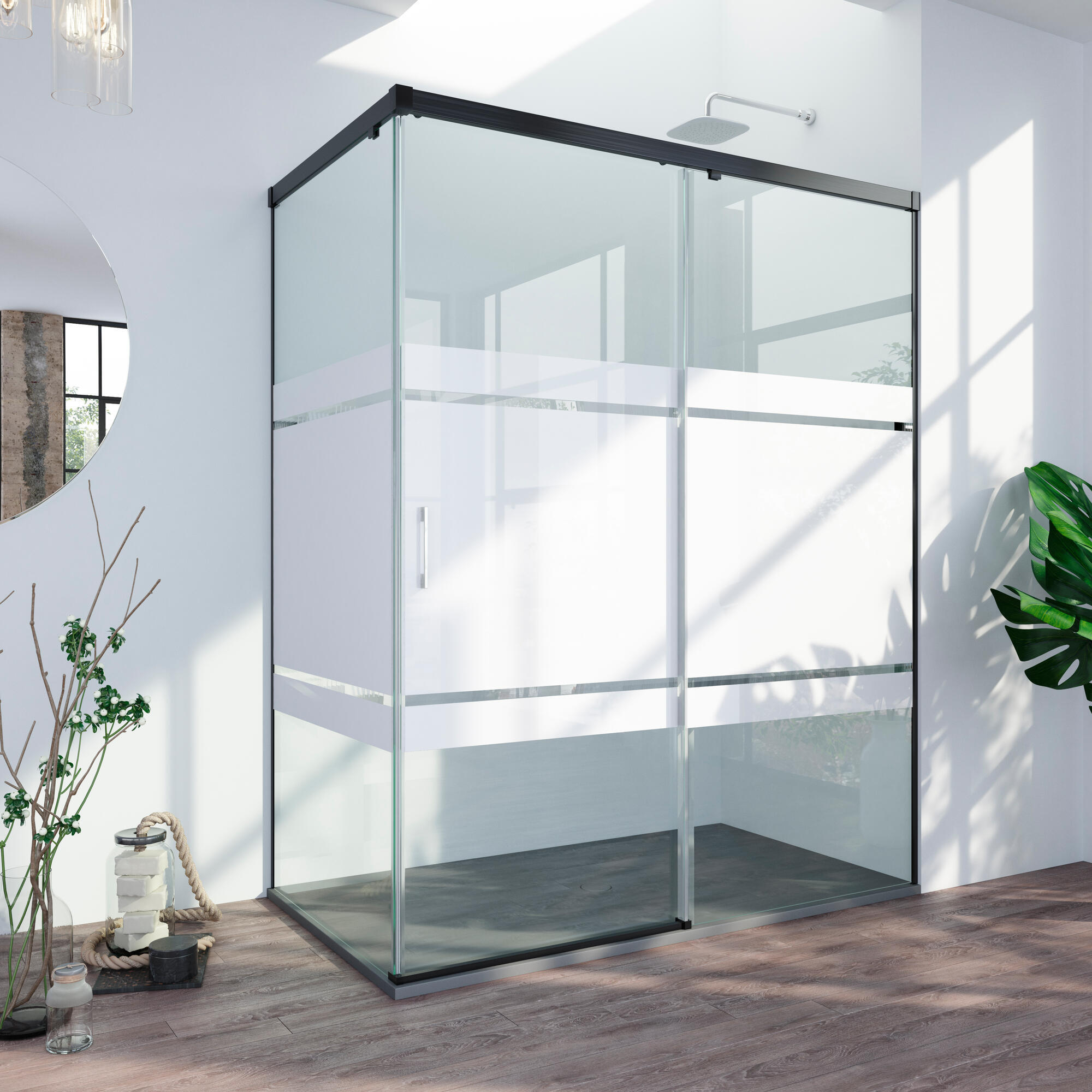 Mampara de ducha frontal con panel fijo lateral corredero serigrafiado tala perfil negro (140.1-150)+70 x200 cm