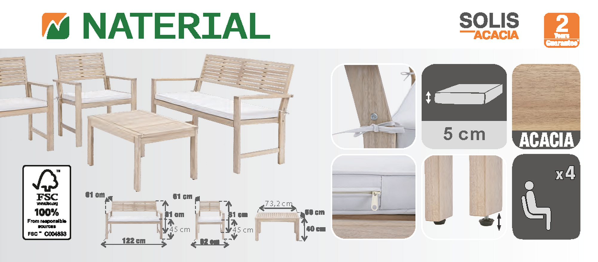 Conjunto jardim relax acácia sofá e mesa castanho 4 pessoas Solis Naterial - 10