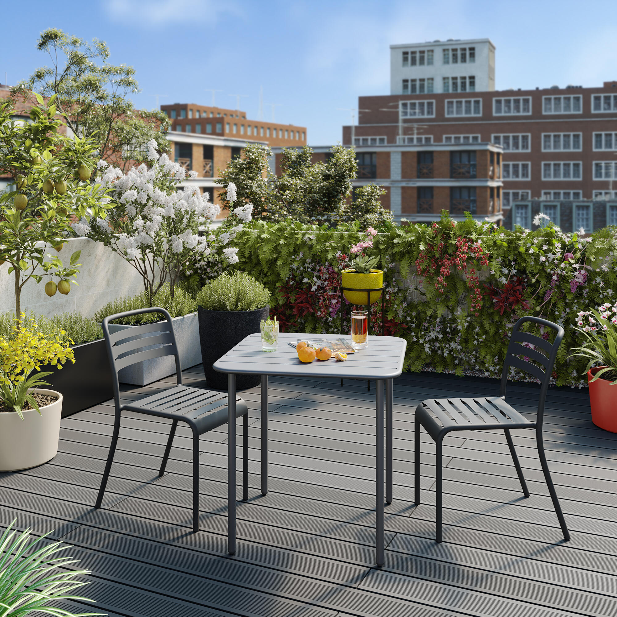 Conjunto de muebles de terraza café de acero para 2 comensales