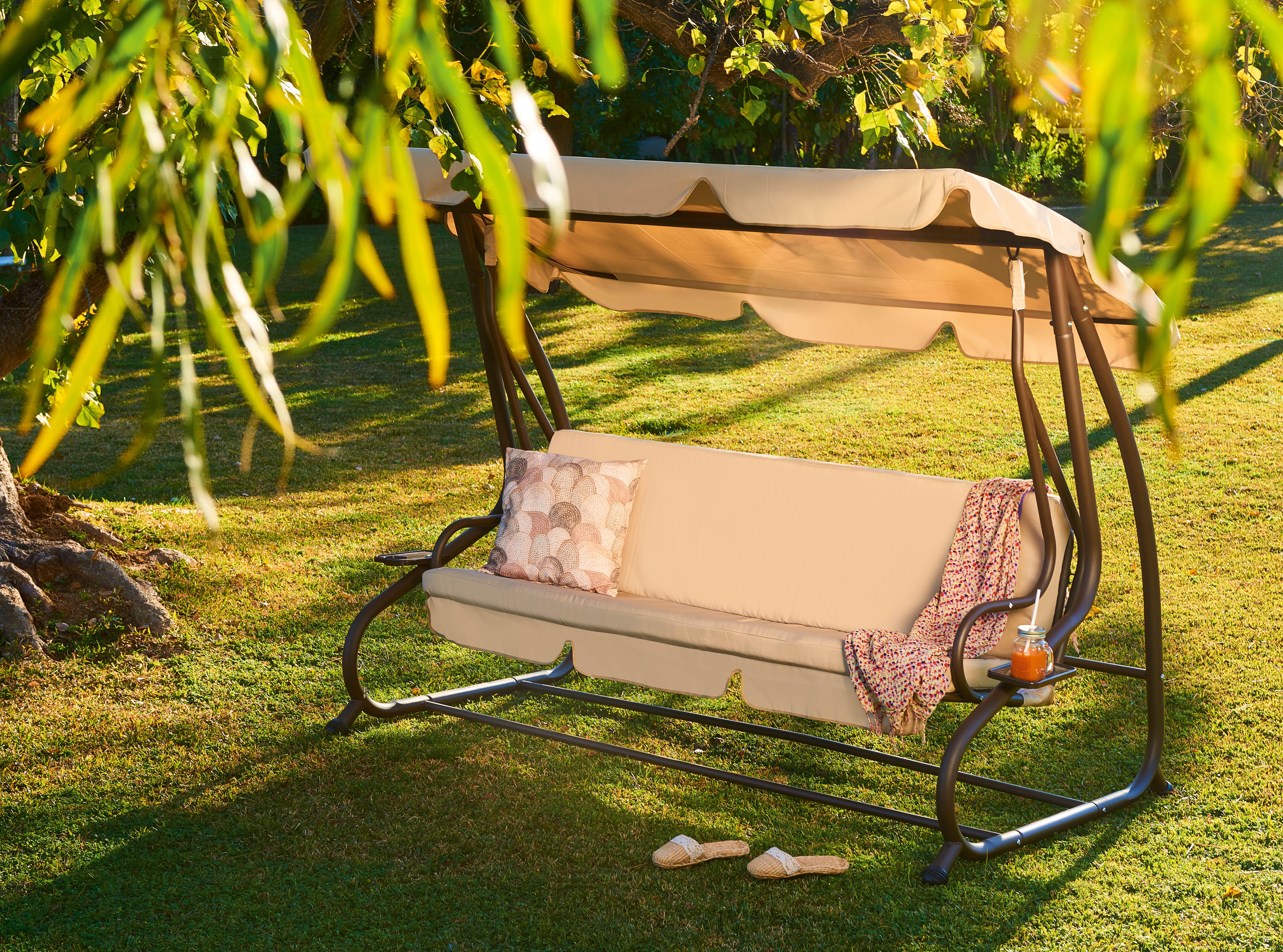 Balancín cama de jardín de acero y poliester beige 230x164x120 cm