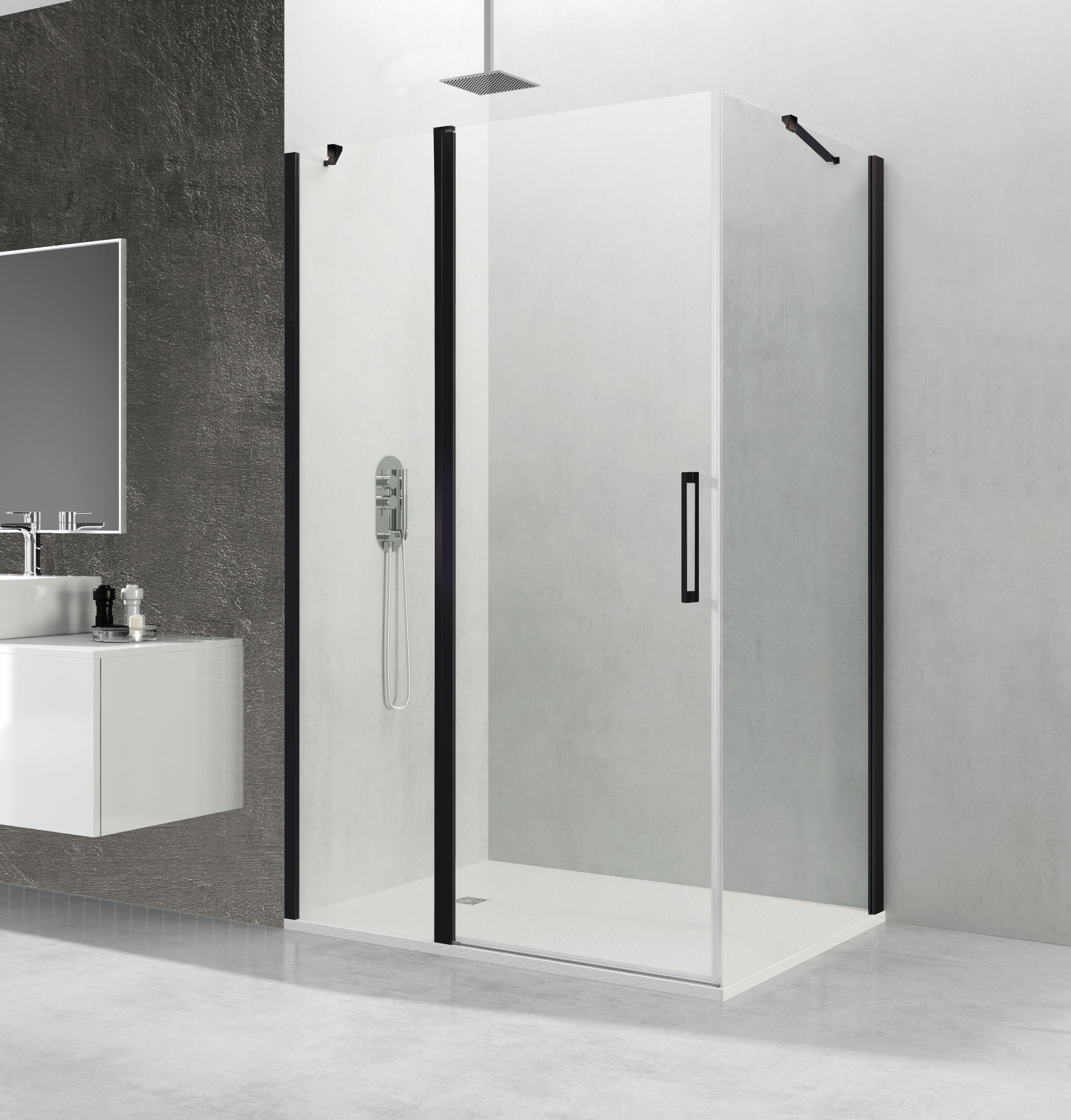 Mampara de ducha frontal con panel fijo lateral batiente transparente abat c perfil negro (76-79)+80 x195 cm