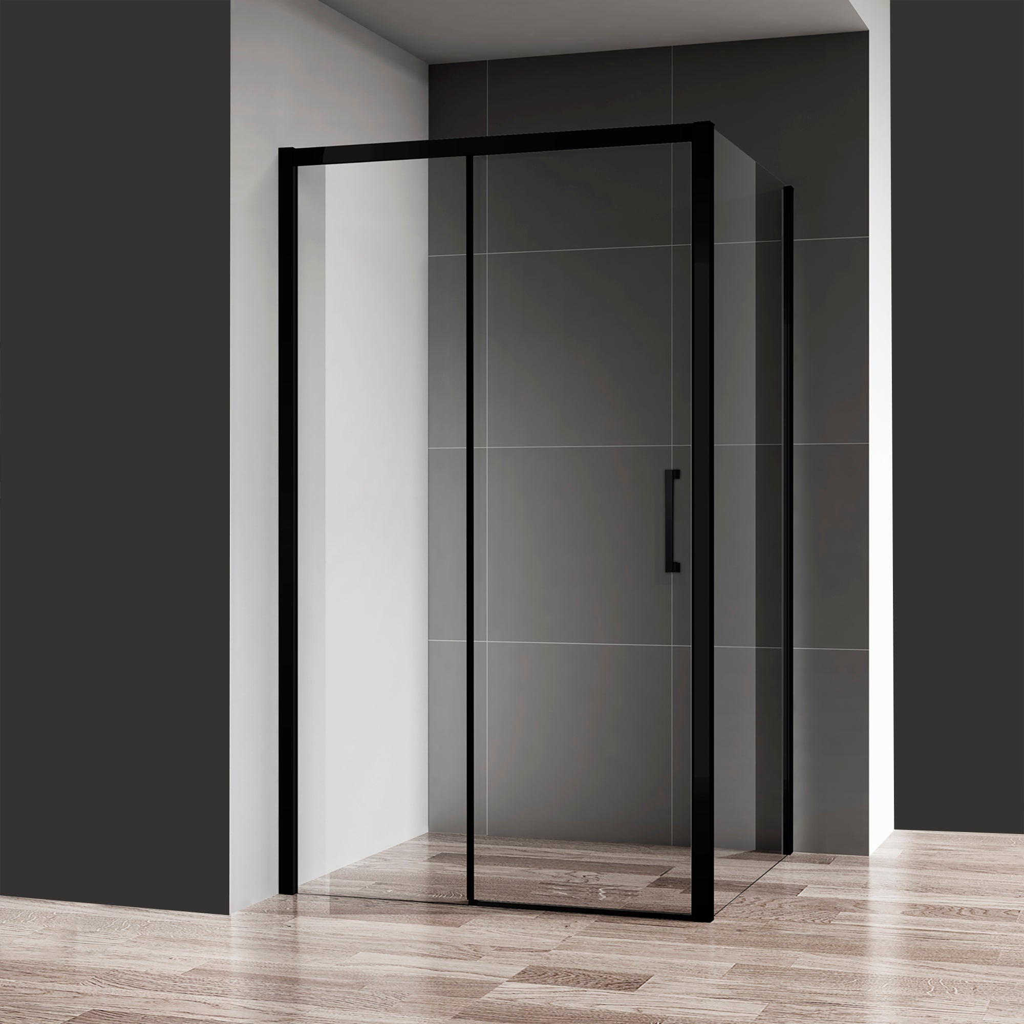 Mampara de ducha frontal corredera transparente y panel fijo lateral vista perfil aluminio negro (68-70)+70 x195 cm cristal 6mm antical