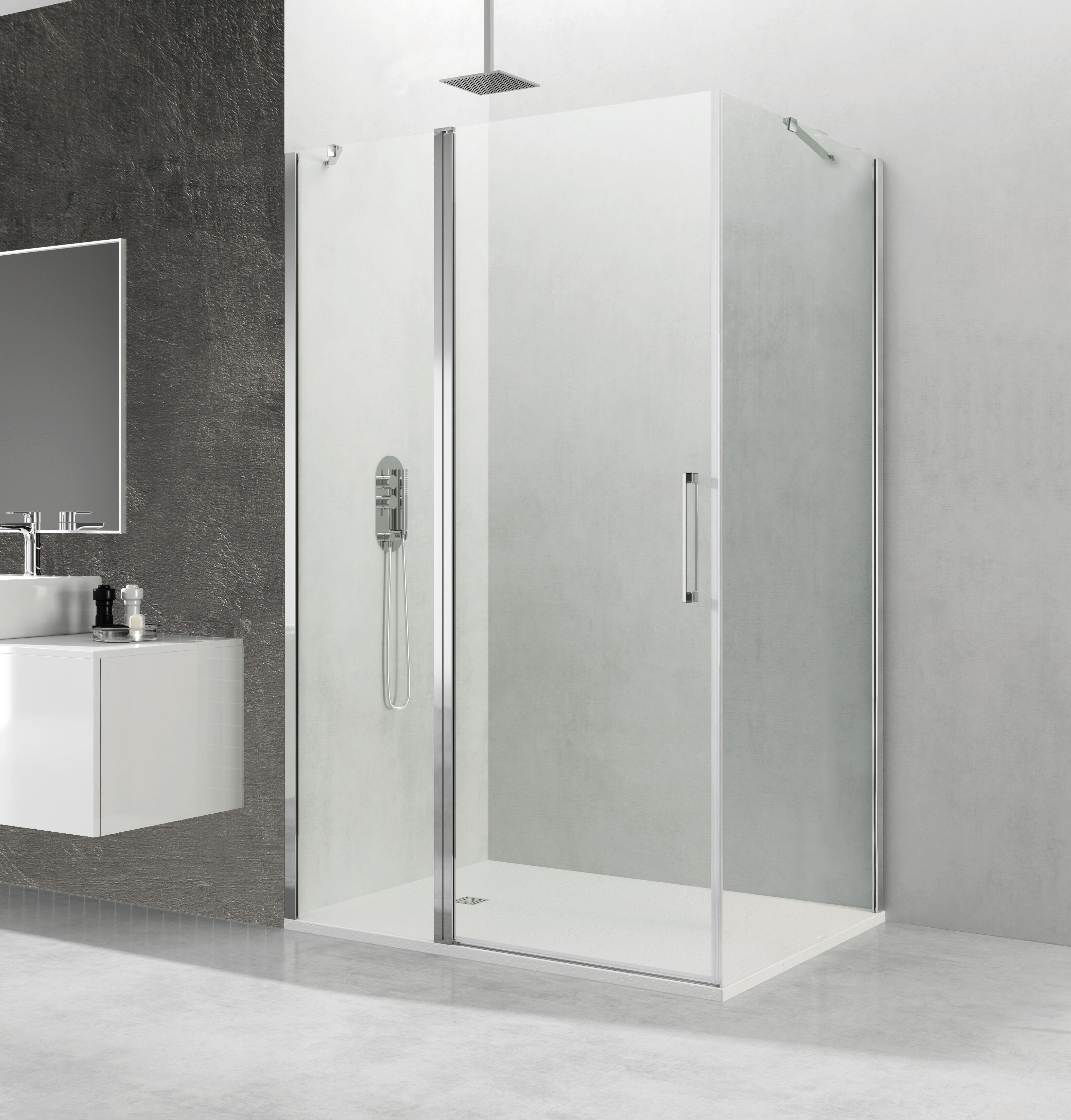 Mampara de ducha frontal con panel fijo lateral batiente transparente abat c perfil cromo (66-69)+70 x195 cm