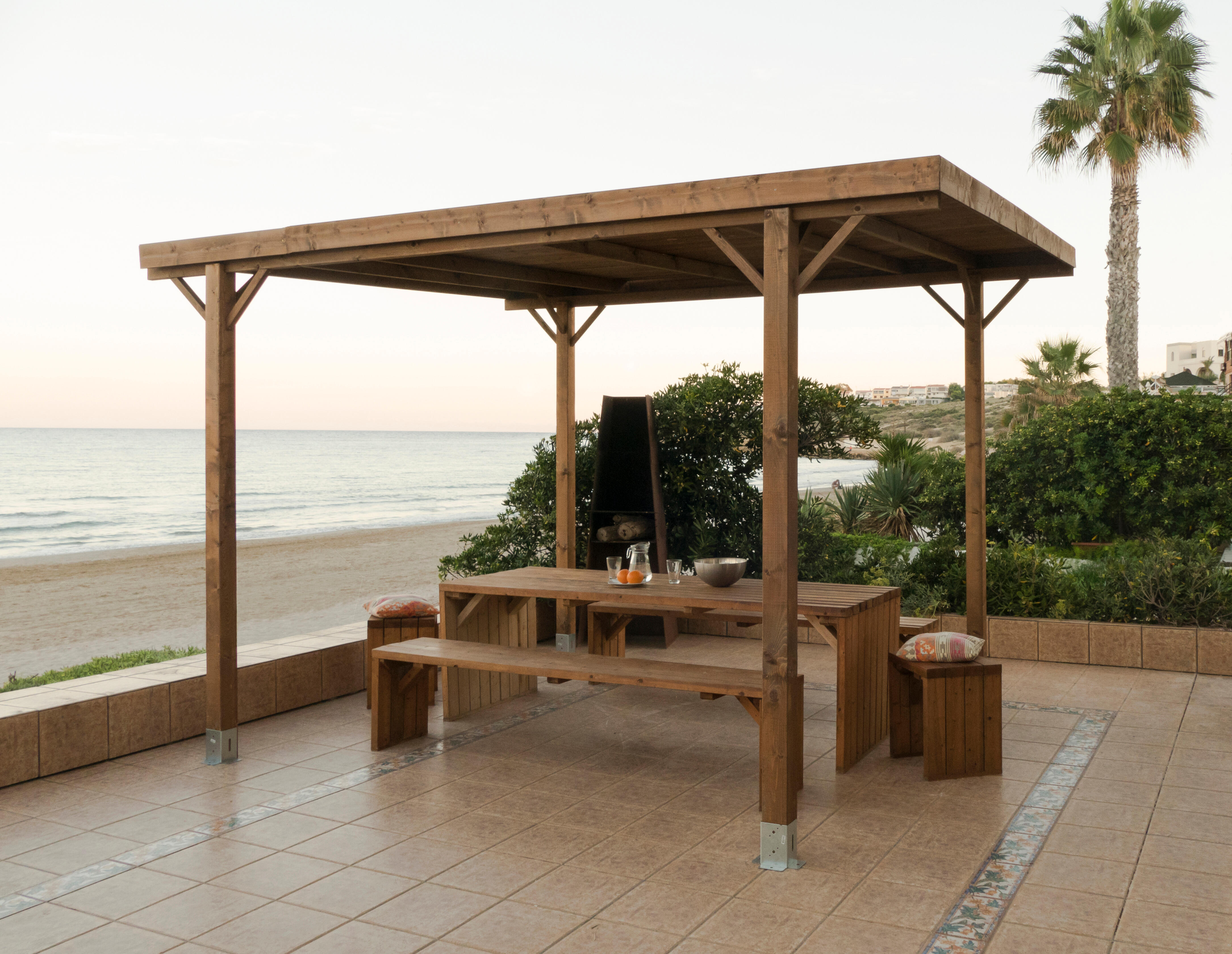 pergola de madera con toldo mausa aitana de 300 x 300 cm marron