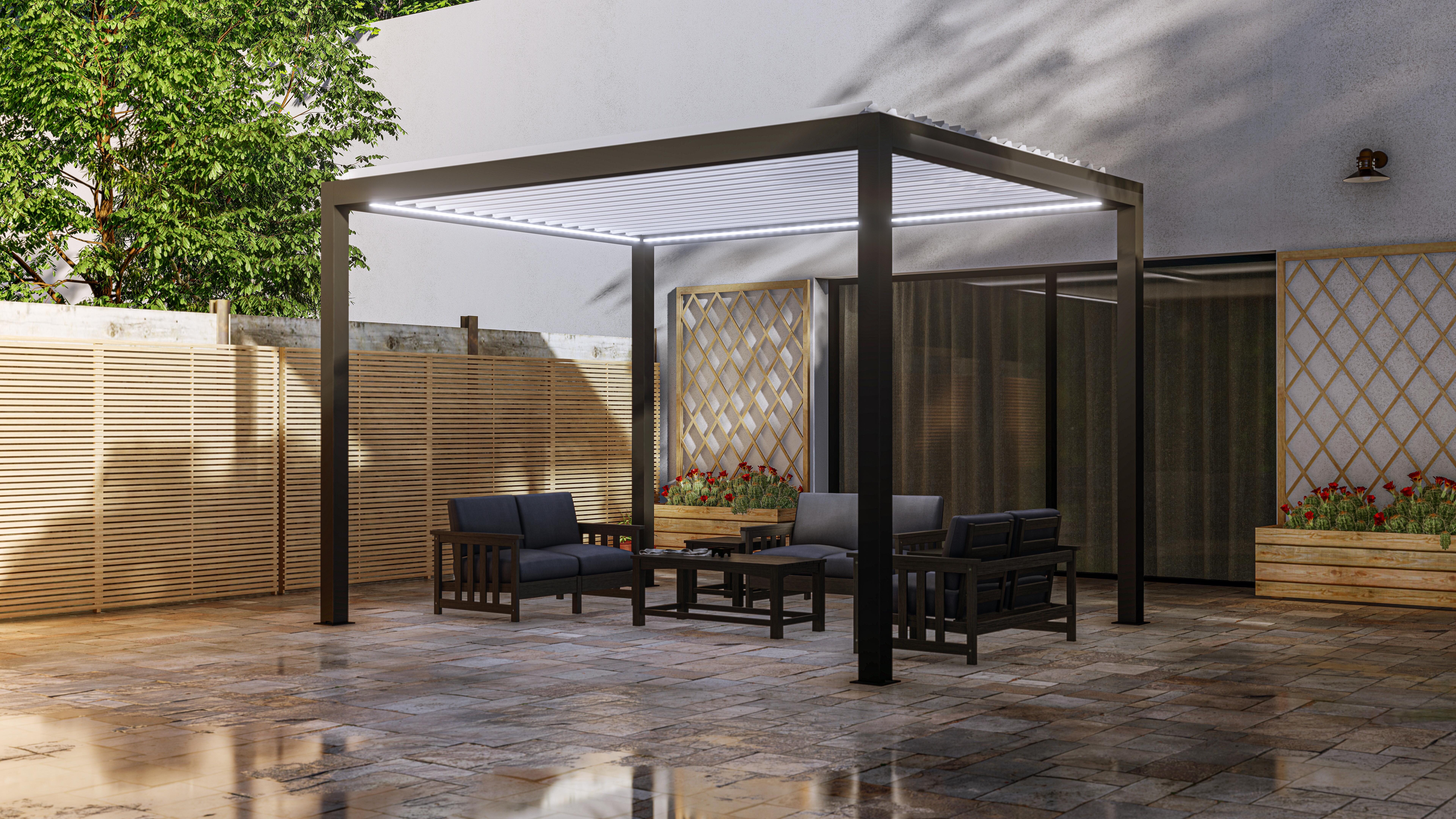 Pérgola bioclimática de aluminio génova gris oscuro de 406 x 300 x 250 cm motorizada
