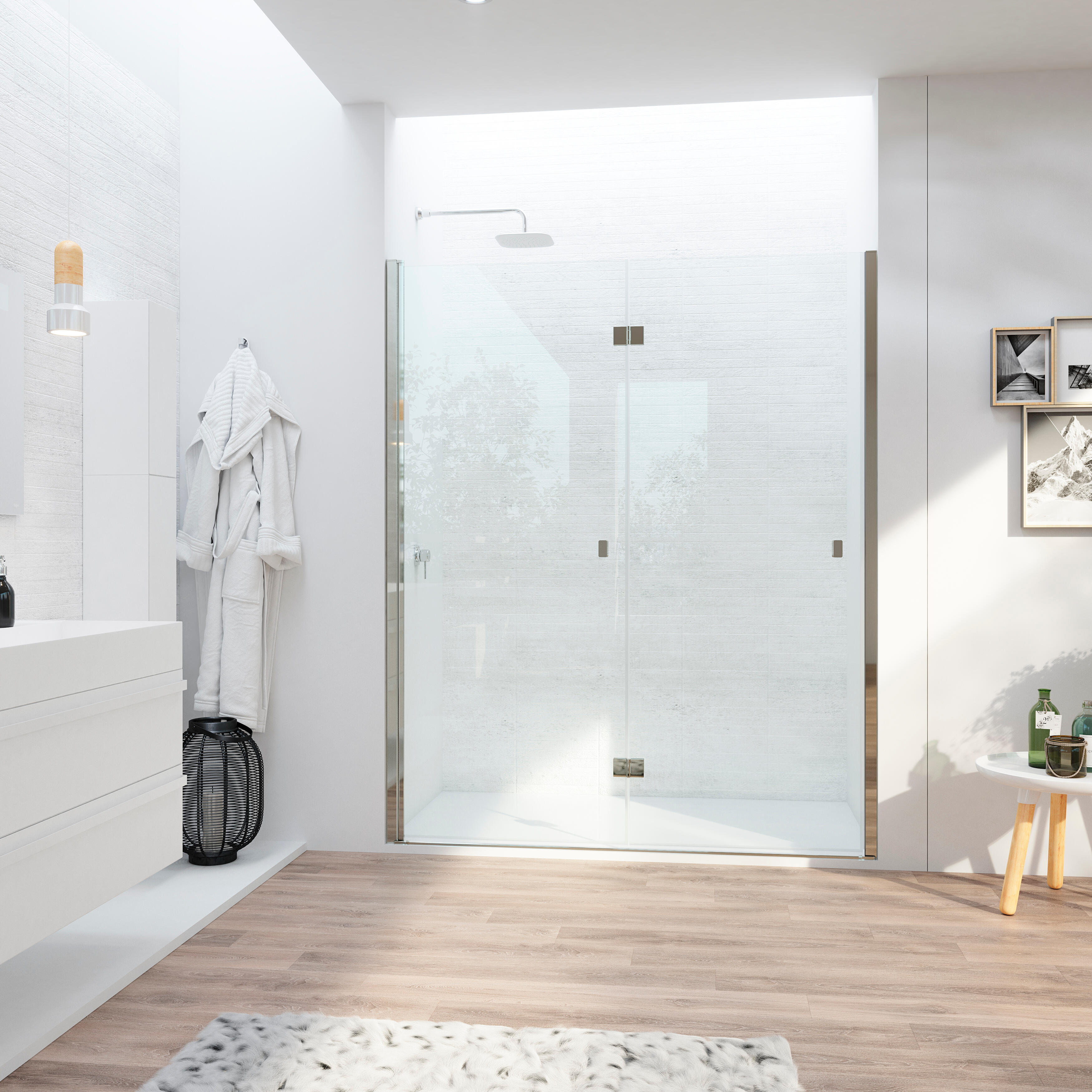 Mampara de ducha frontal 2 puertas plegable transparente open perfil aluminio cromo (65-69)x195 cm cristal 6mm cierre magnético sin guía inferior marca glassinox