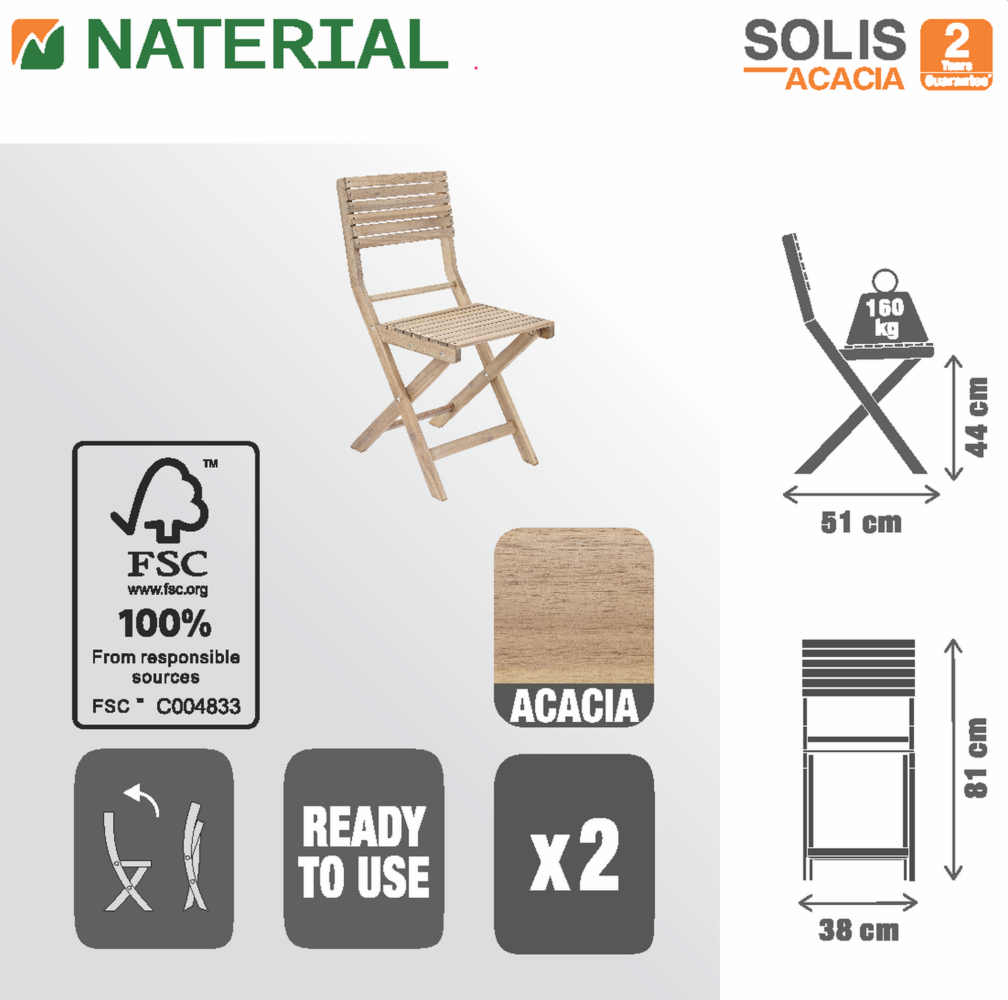 Sedia da giardino in legno pieghevole Solis Origami NATERIAL, seduta in acacia marrone, 2 pezzi - 16