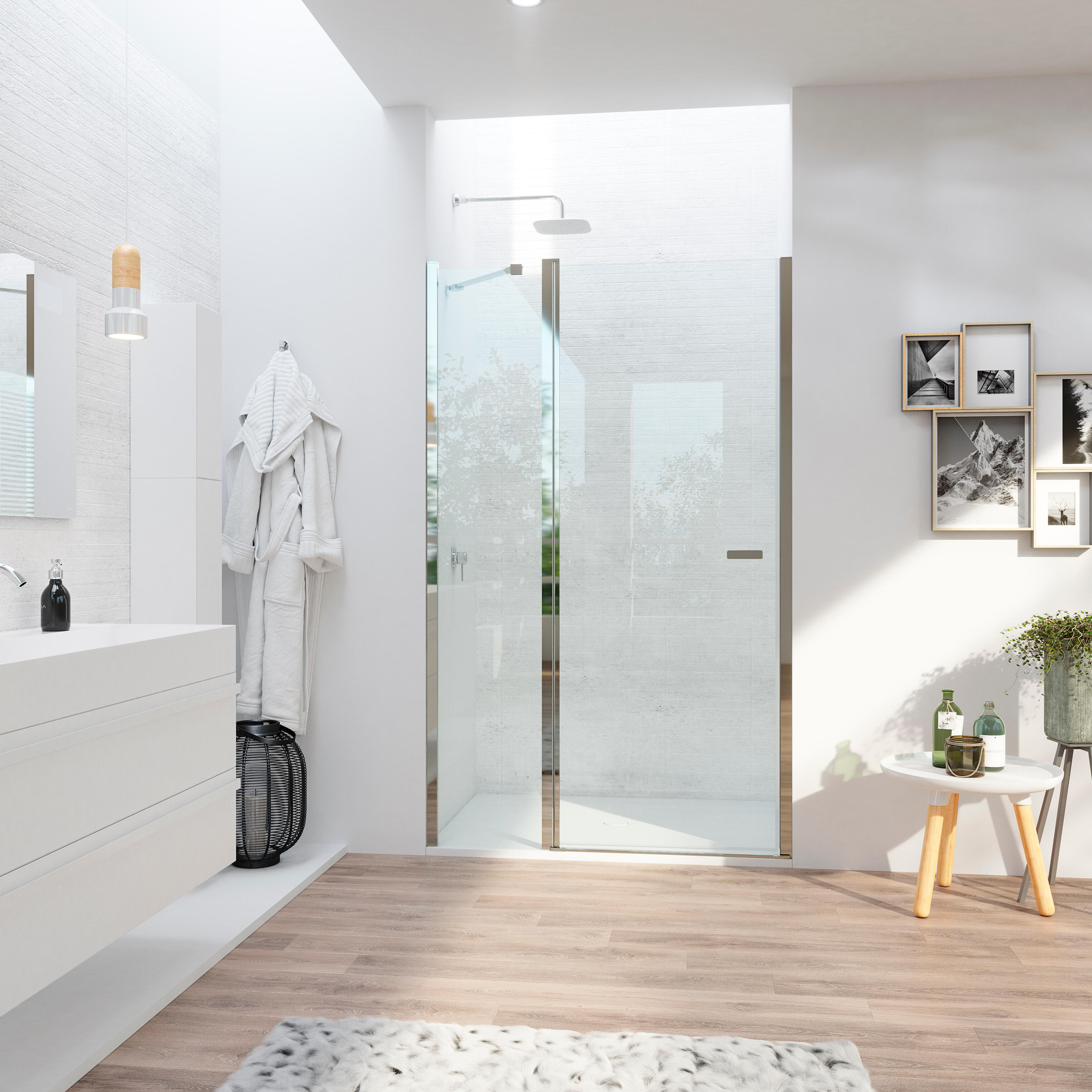 Mampara de ducha frontal 1 fijo + 1 puerta batiente transparente open perfil aluminio cromo (105-109)x195 cm cristal 6mm cierre magnético sin guía inferior marca glassinox