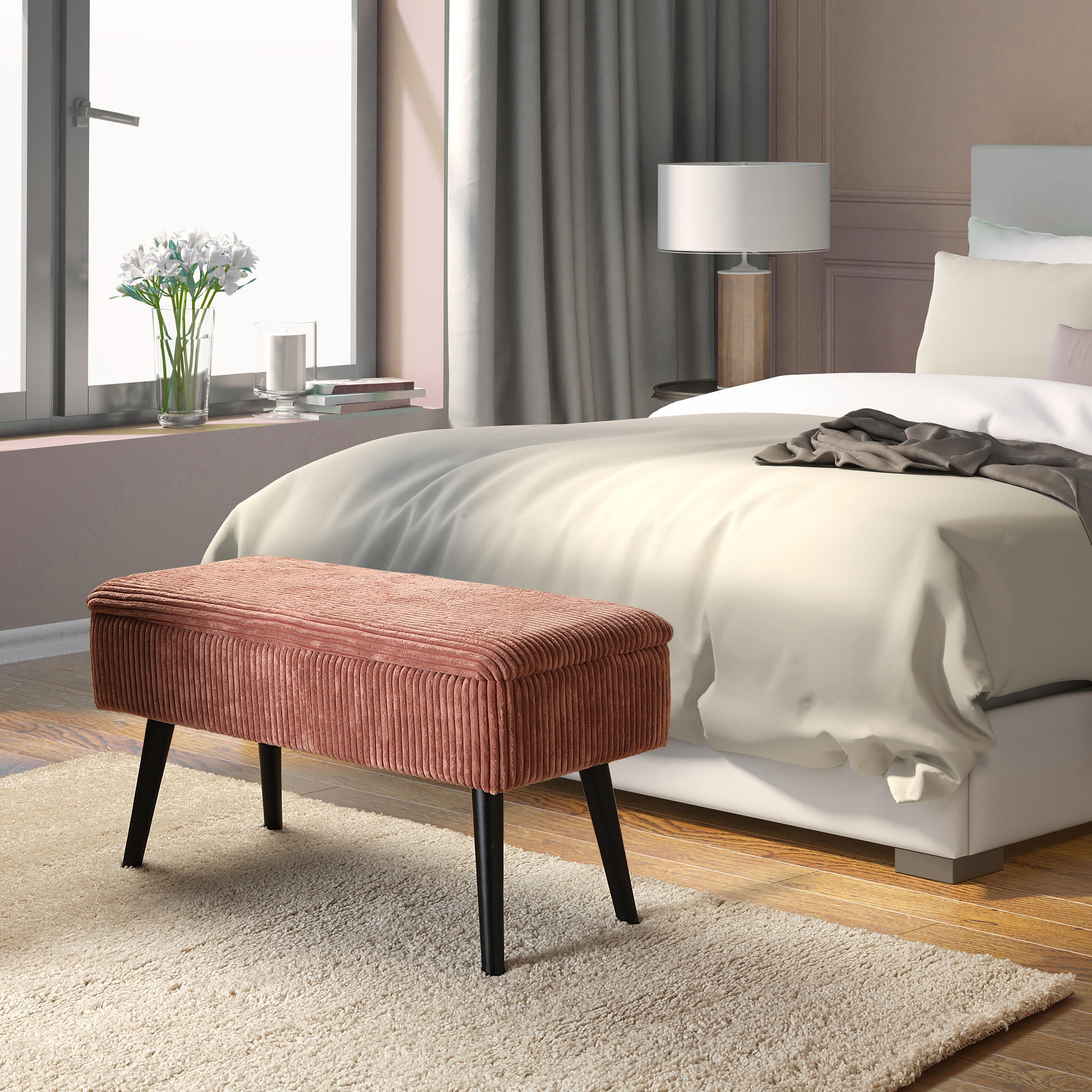 Banco para dormitorio tapizado en piel sintética beige con patas
