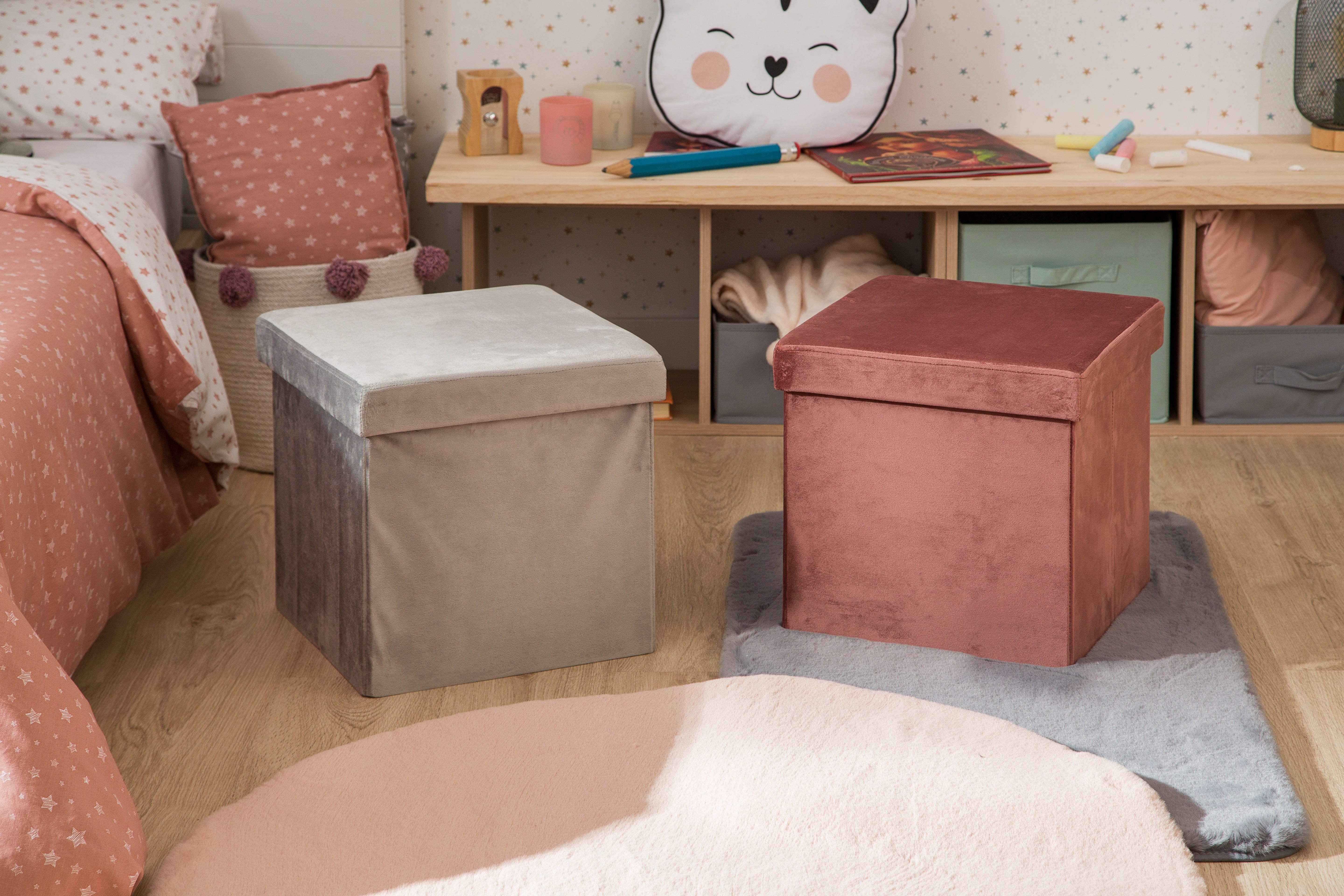 Puff decorativo poliéster cuadrado Terciopelo rosado 38x38x38cm - 7