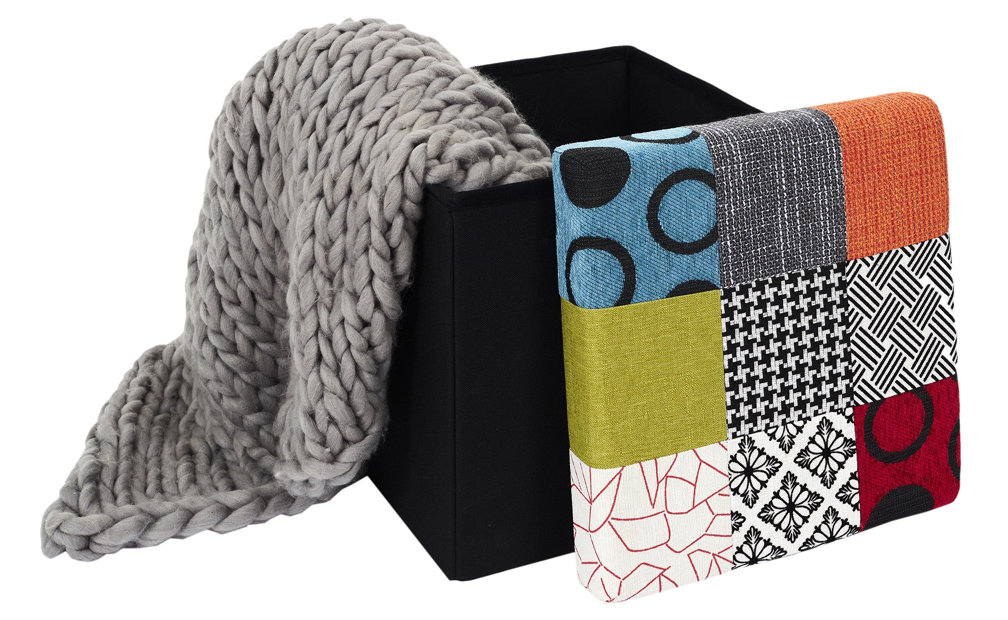 Puff Patchwork plegable almacenaje cuadrado multicolor (tonos negro)38x38 cm - 5