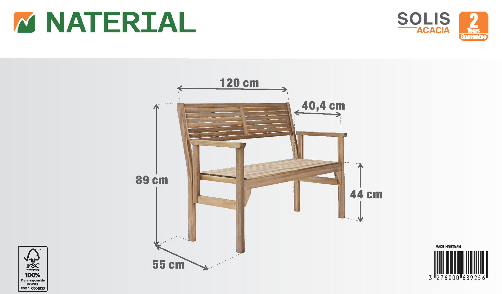 Panca da giardino in acacia con braccioli pieghevole Solaris NATERIAL, 2 posti, seduta beige - 15