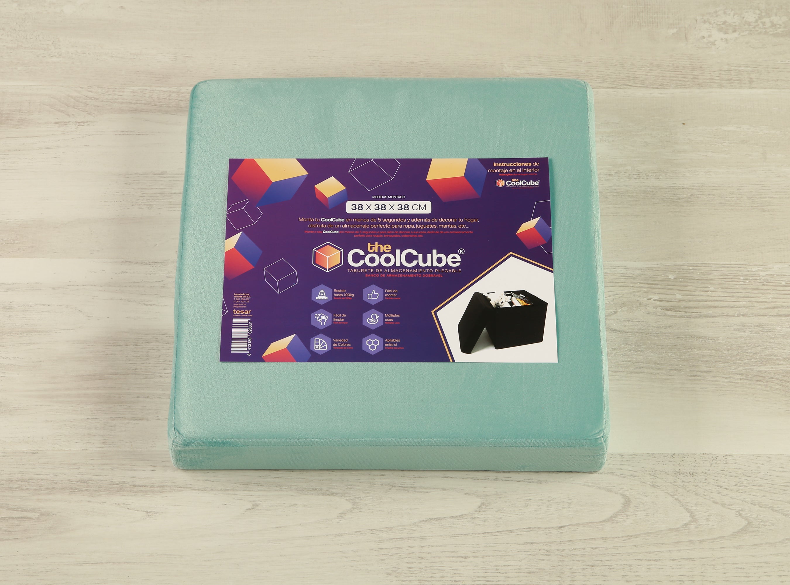 Puff decorativo poliéster cuadrado Terciopelo agua 38x38x38cm - 5